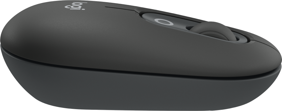 Ciemna mysz Logitech z szarym kółkiem i ikoną koła.