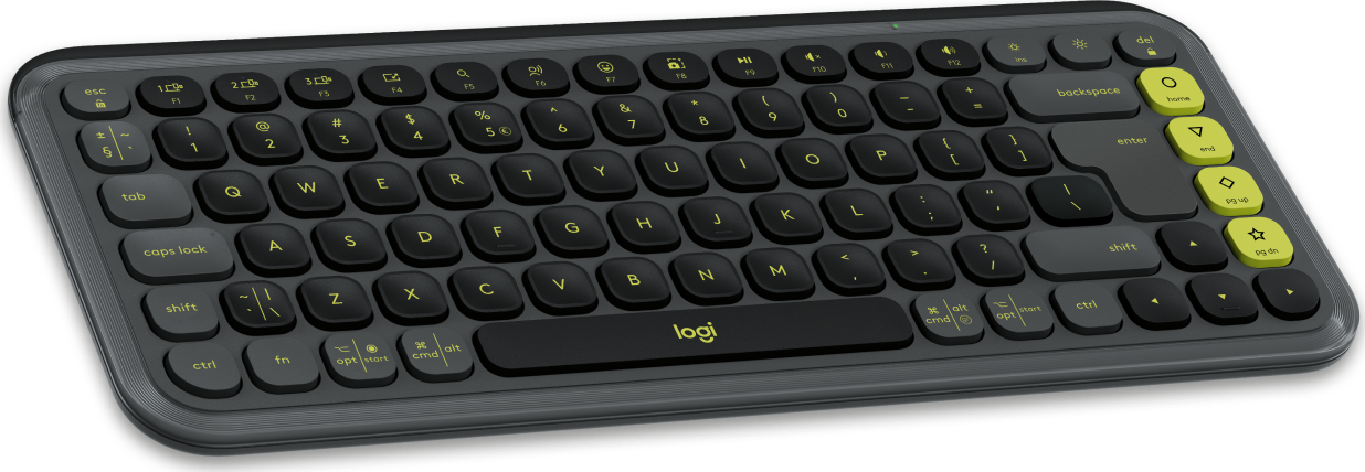 Ciemnoszara klawiatura Logitech z żółtozielonymi klawiszami i oznaczeniami. Klawisze są podświetlone.
