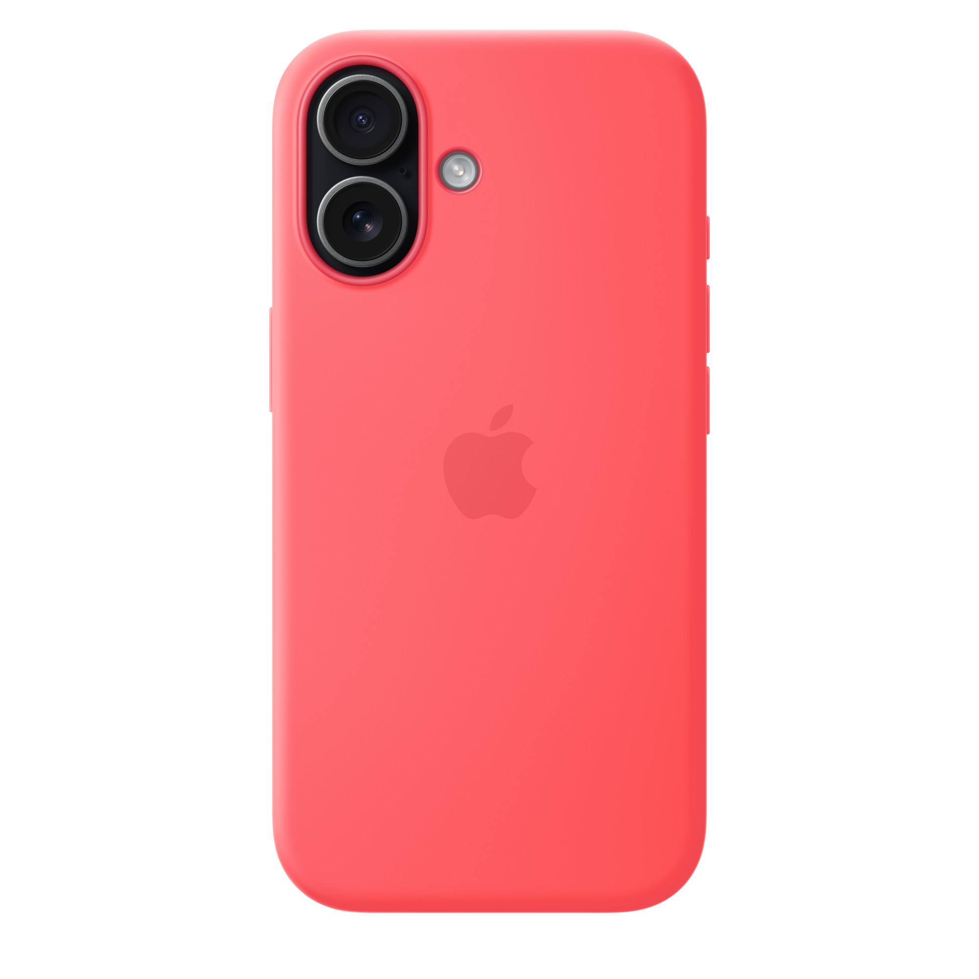 Piros telefontok két kamerával és vakuval. Középen Apple logó.