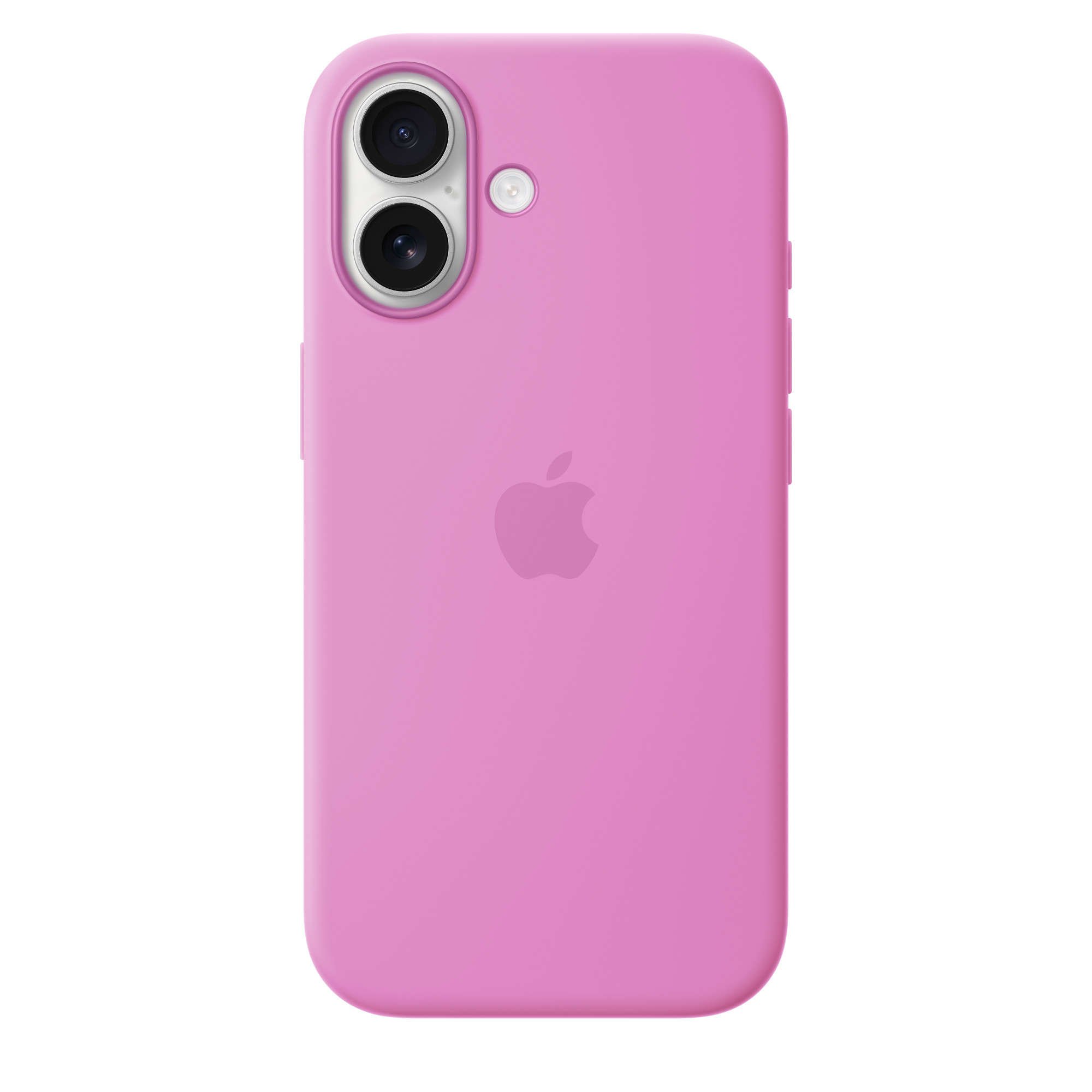 Egy rózsaszín iPhone tok Apple logóval és dupla kamerával.