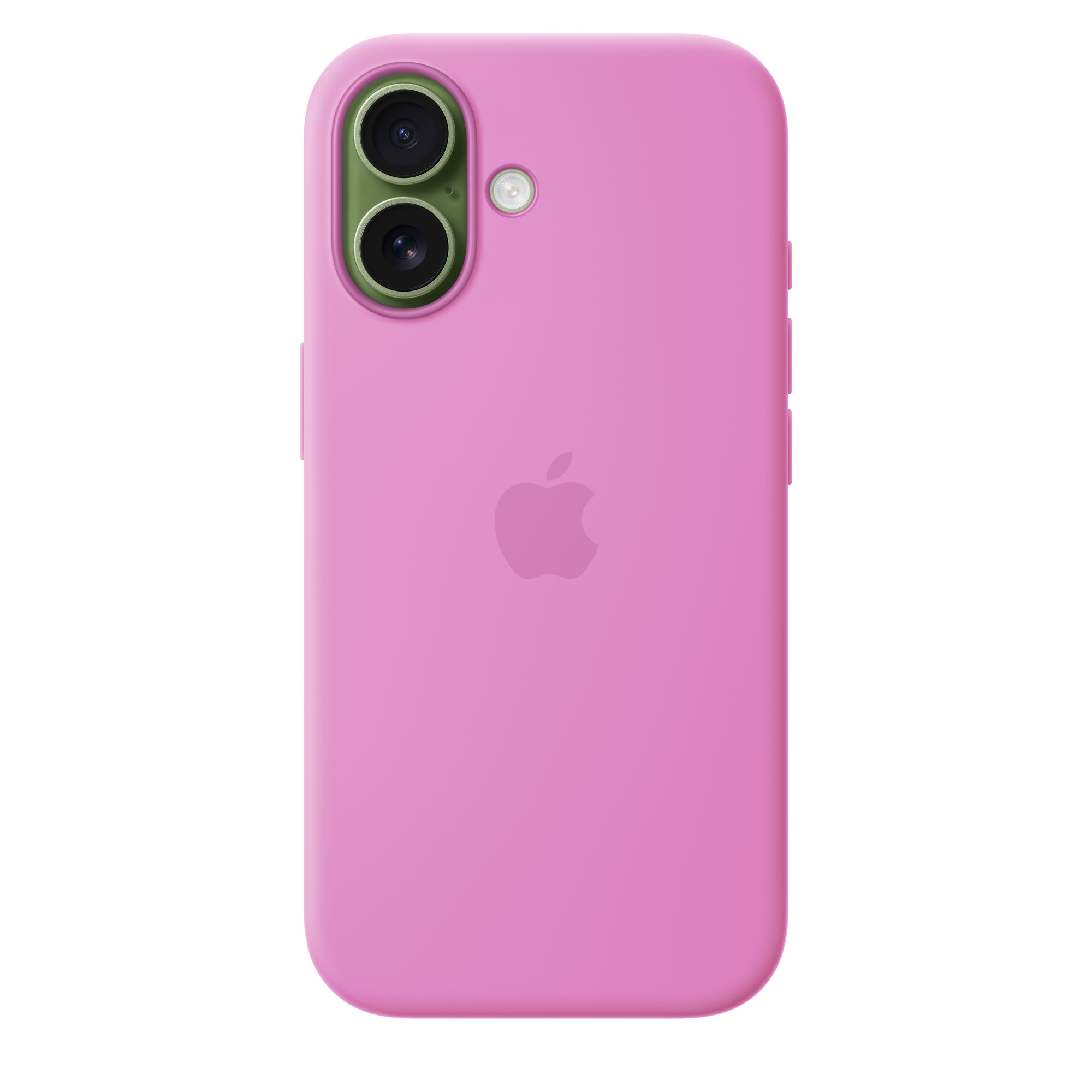 Egy rózsaszín iPhone tok zöld kameramodullal és Apple logóval.