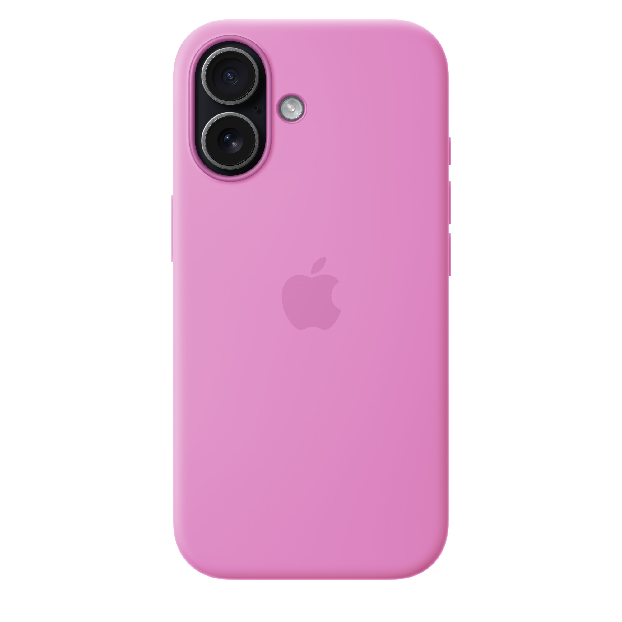 Egy rózsaszín iPhone hátlapja dupla kamerával és Apple logóval.