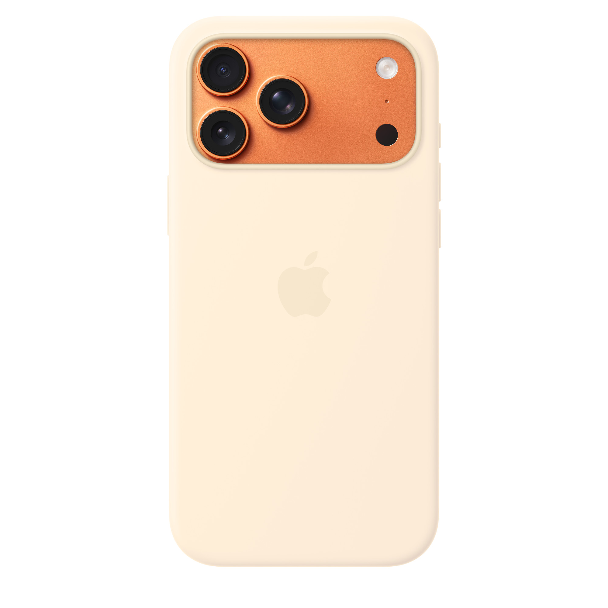 Világossárga iPhone narancssárga kameramodullal és három lencsével.