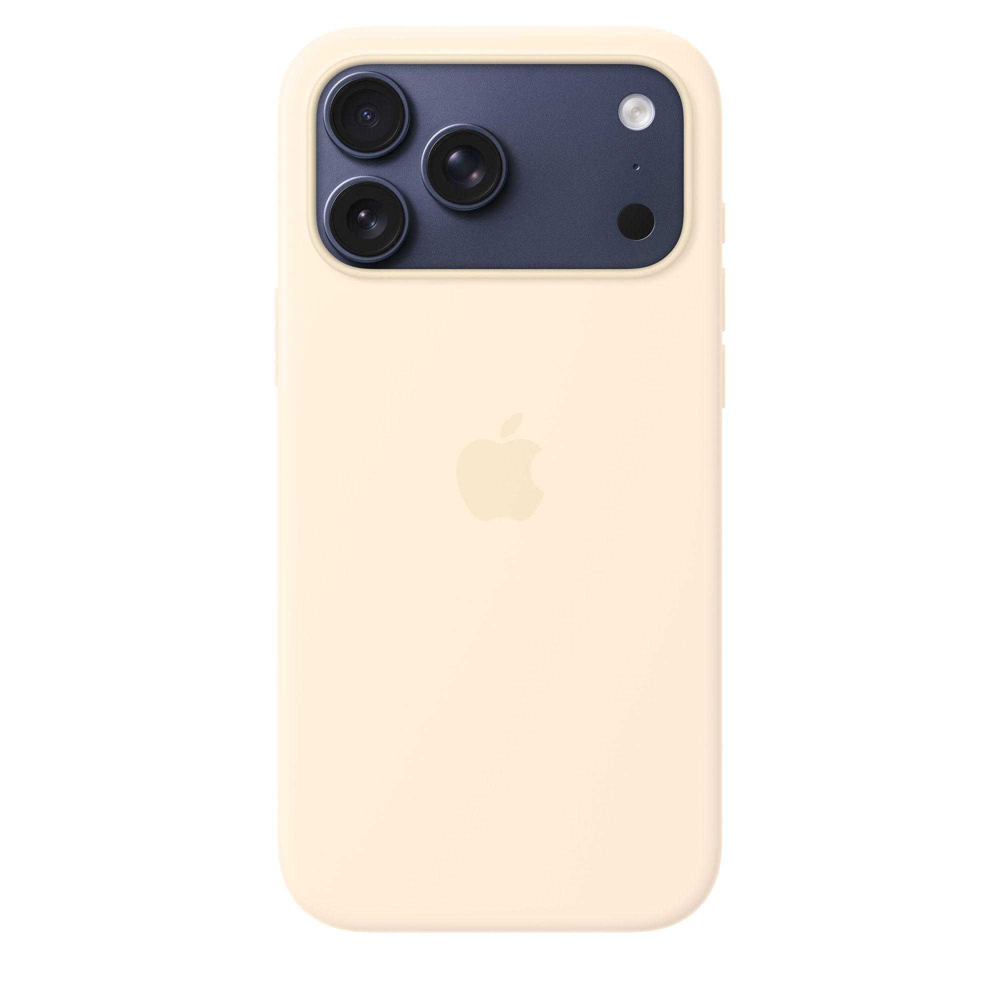 Világossárga iPhone tok három kamerával és vakuval sötétkék alapon.