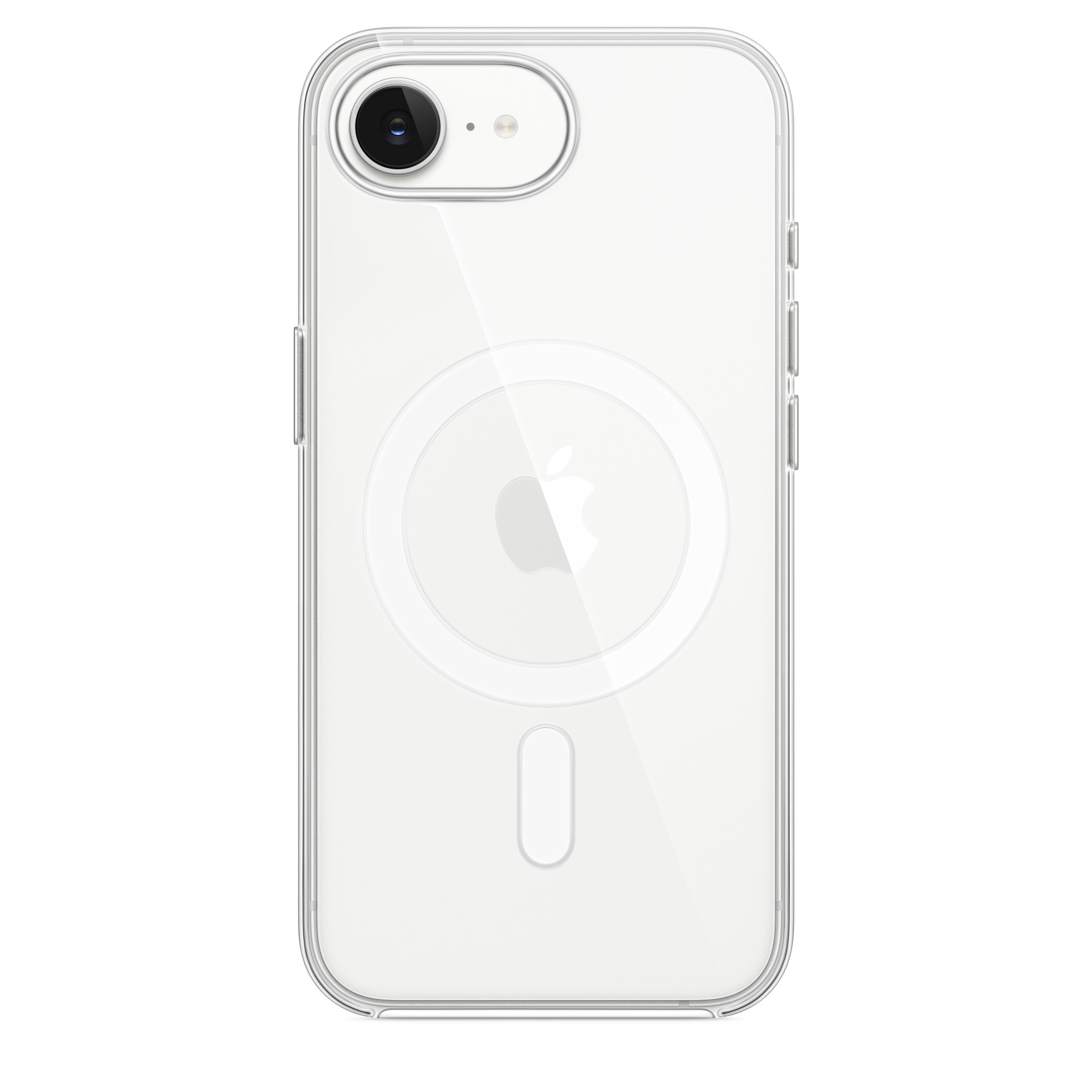 Átlátszó tok Apple logóval, kamerával és töltőkörrel fehér háttéren.