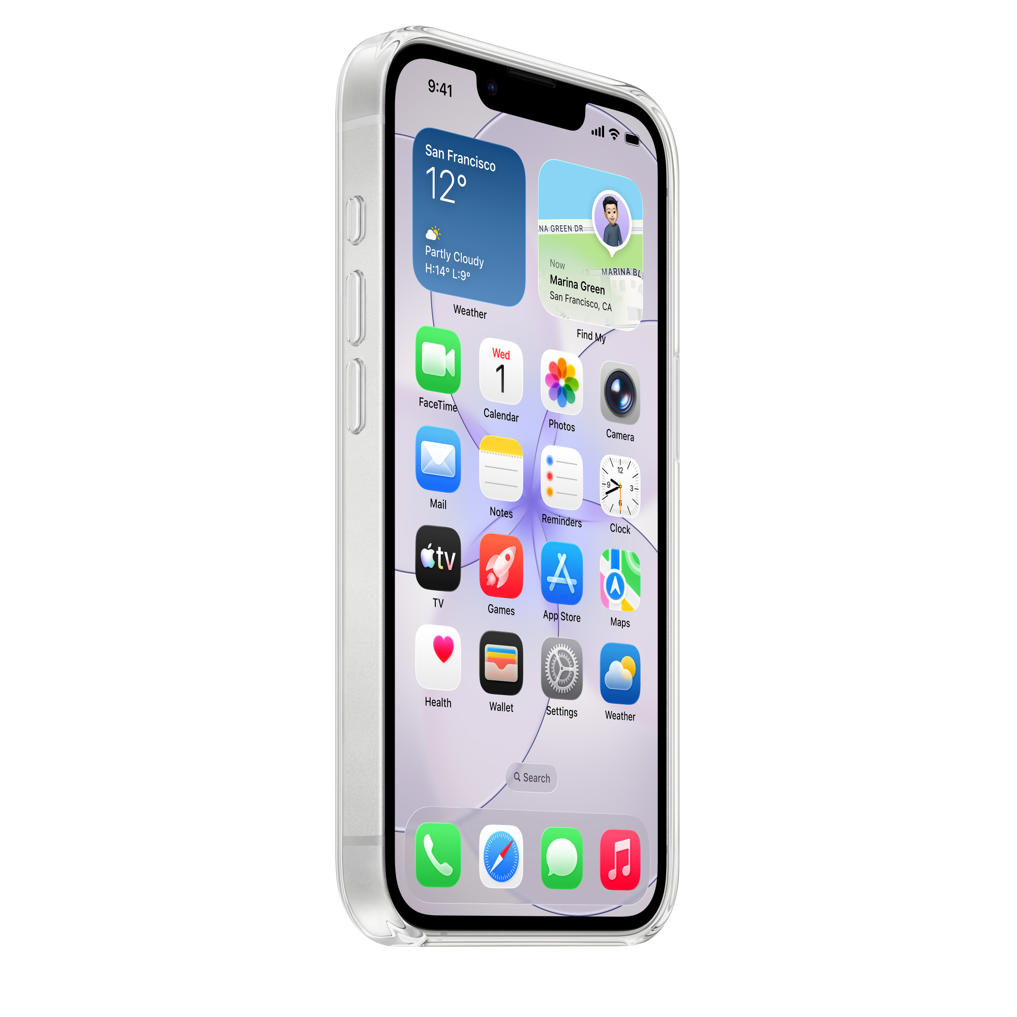 iPhone átlátszó tokban időjárás, naptár, fotók, kamera és app ikonokat mutat.