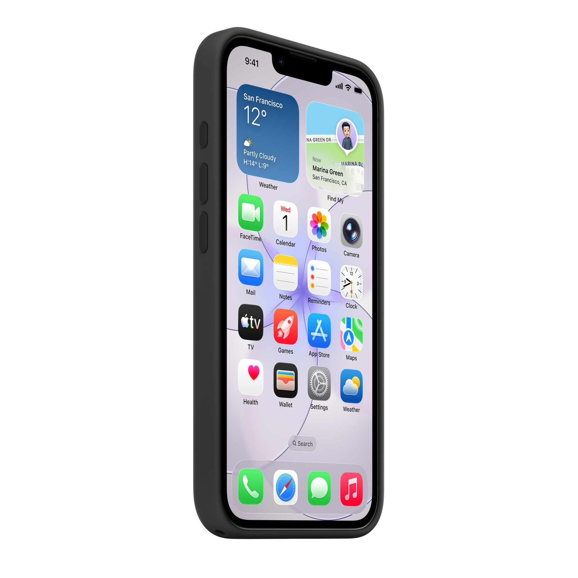 Egy fekete tokos iPhone megjeleníti a kezdőképernyőt app ikonokkal és widgetekkel.