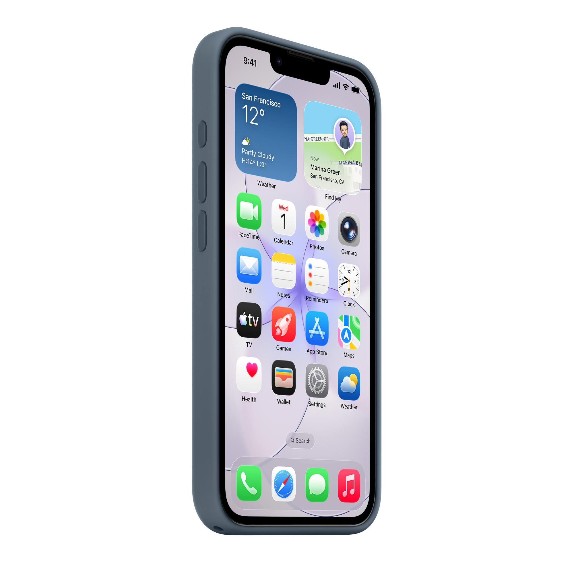 Szürkéskék iPhone tokban, különféle alkalmazásikonokkal a képernyőn.