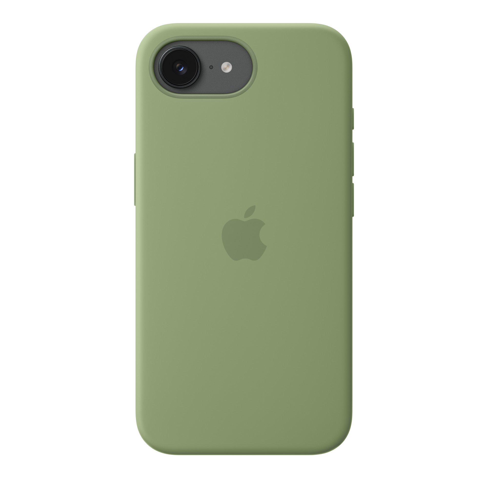 Zöld telefontok Apple logóval és kameraszem kivágással fehér háttéren.
