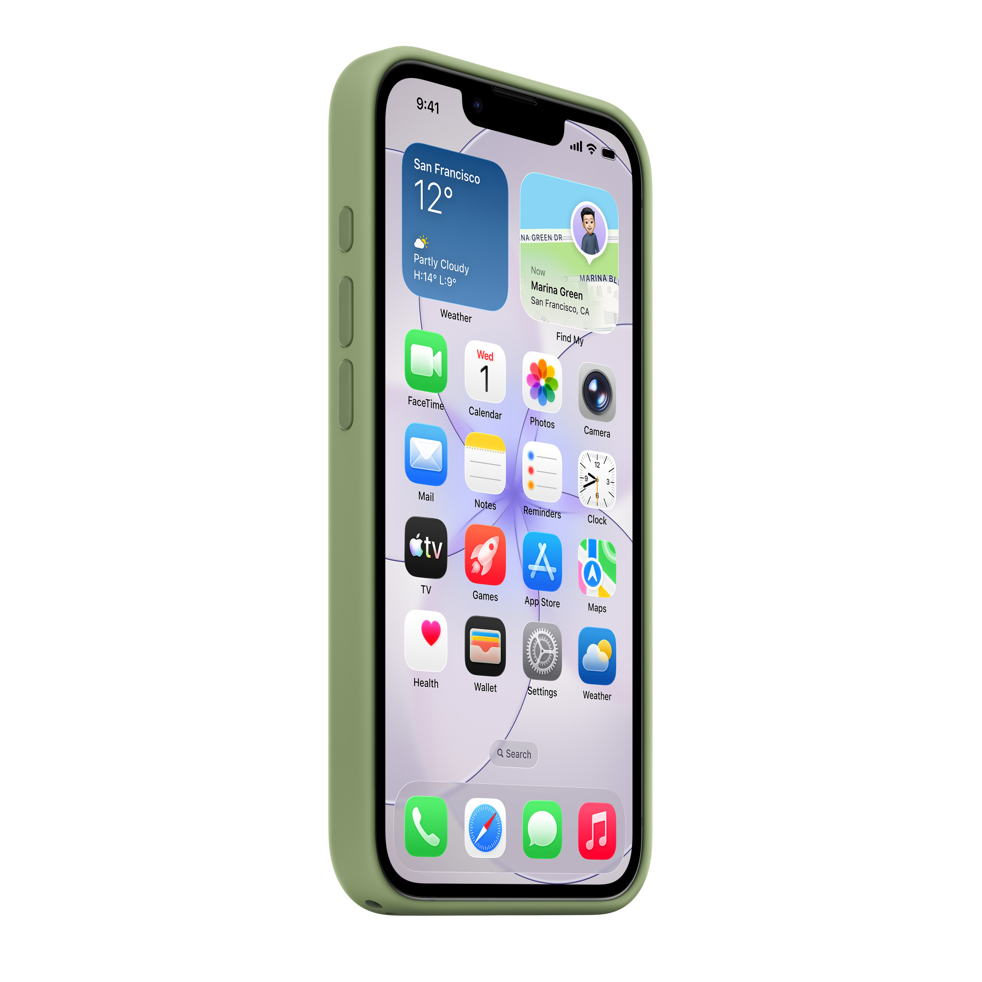 Egy zöld tokos iPhone kezdérkényét mutatja időjárási és térkép widgetekkel.
