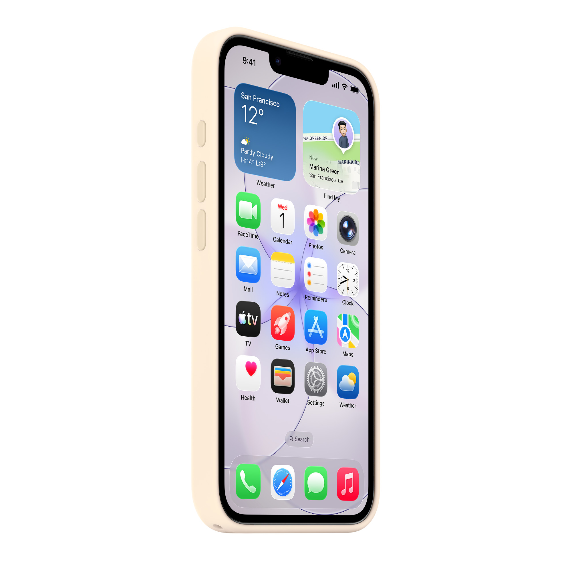 Világos sárga tokos iPhone kezdőképernyőt mutat időjárás, naptár és app ikonokkal.