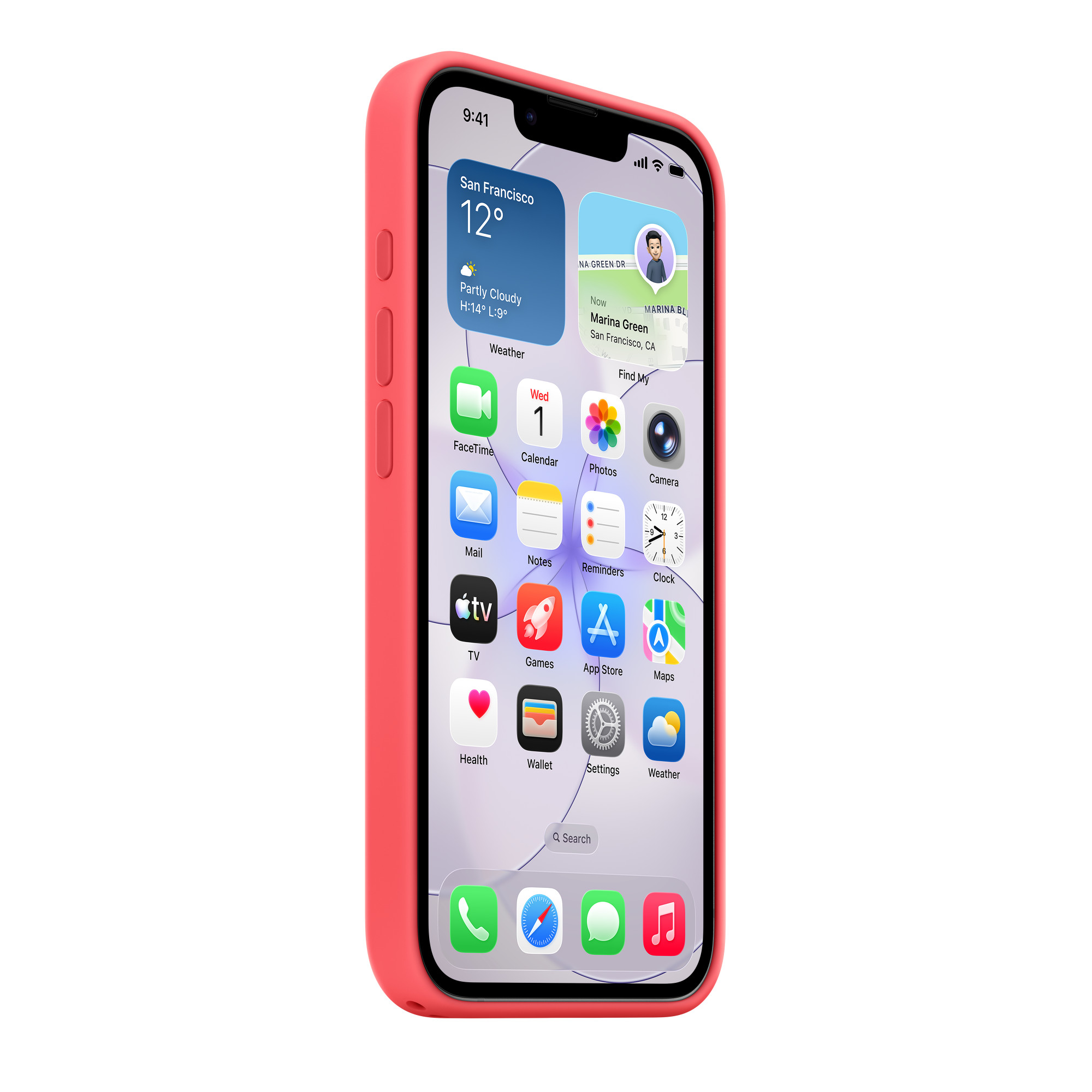Egy rózsaszín iPhone időjárás- és naptár-widgetekkel ellátott zárolási képernyőt mutat.