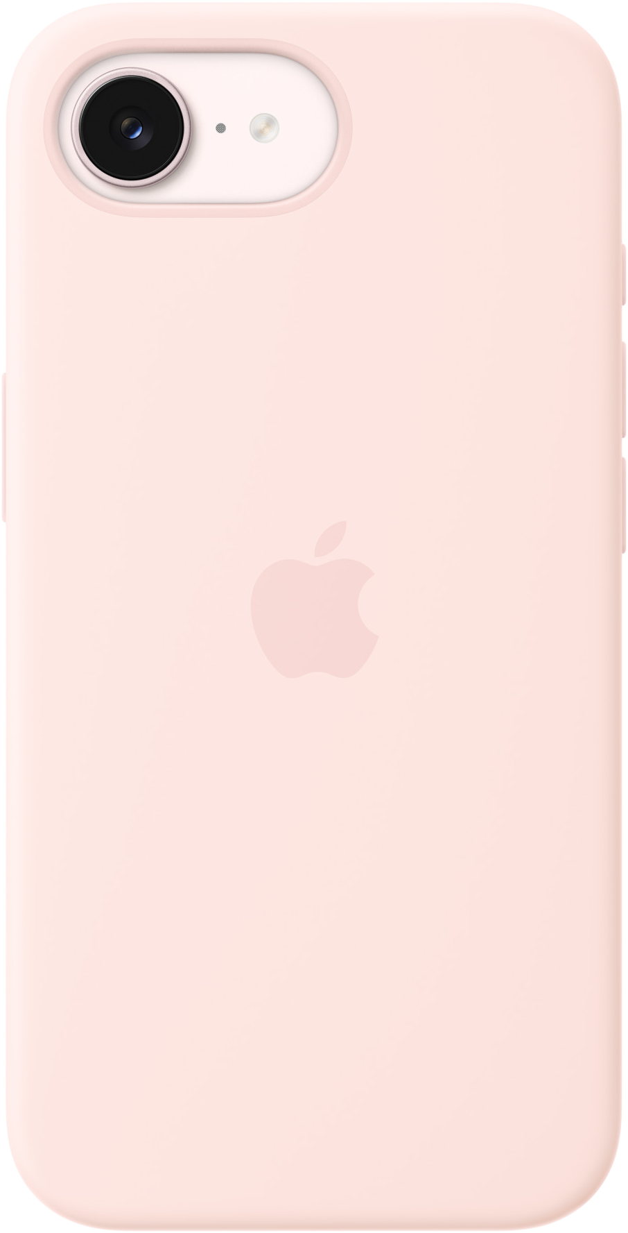 Világos rózsaszín iPhone tok Apple logóval és egyetlen kamerával.