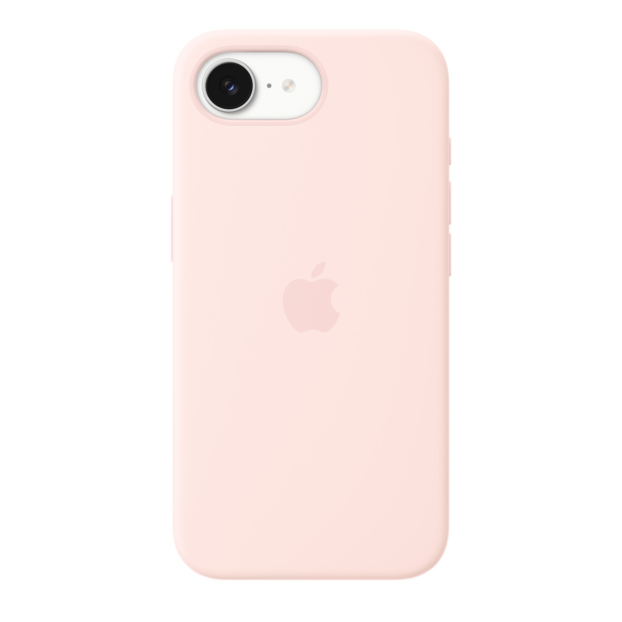 Világos rózsaszín iPhone tok Apple logóval a hátoldalon.