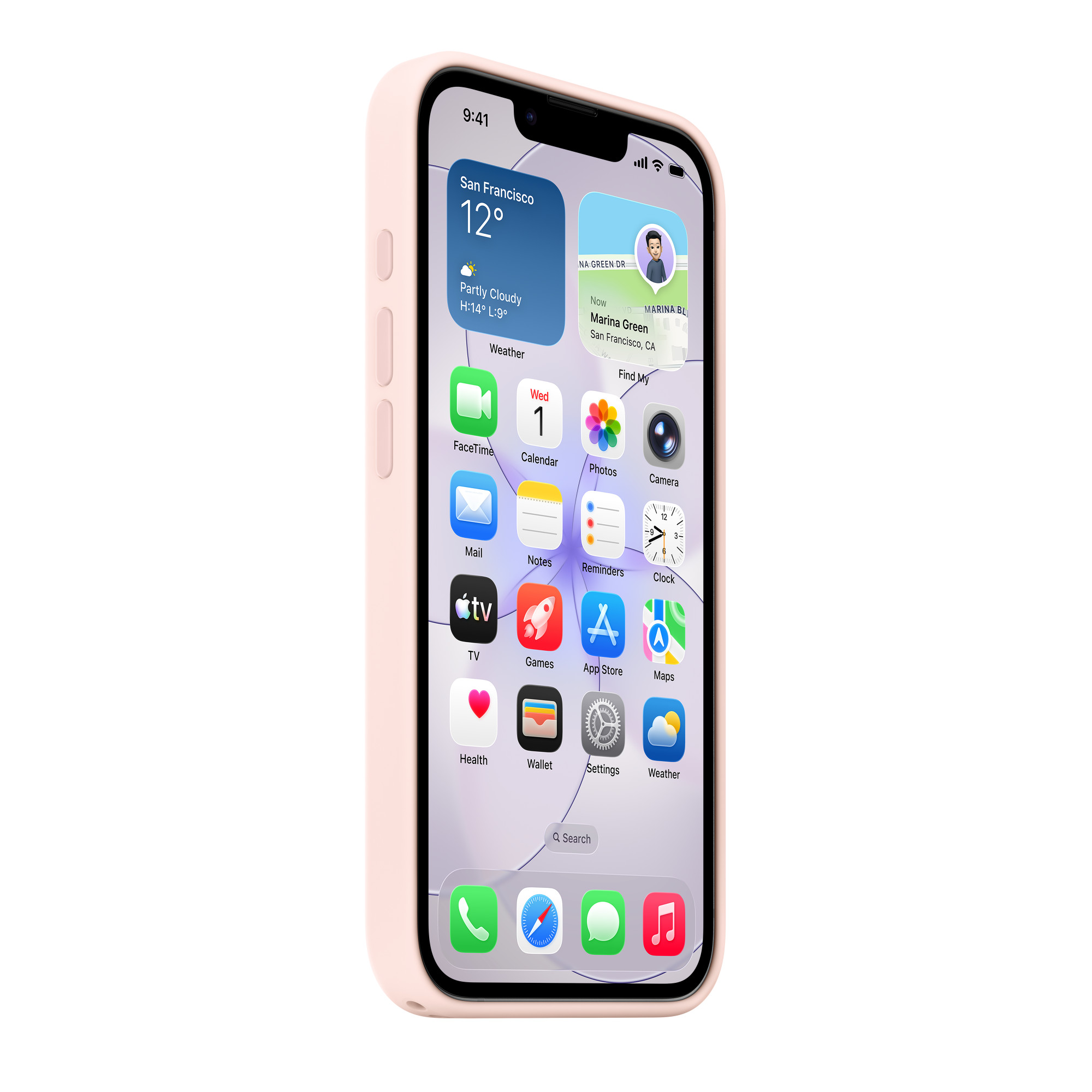 Egy rózsaszín iPhone kezdőképernyővel, időjárás és térkép widgetekkel.