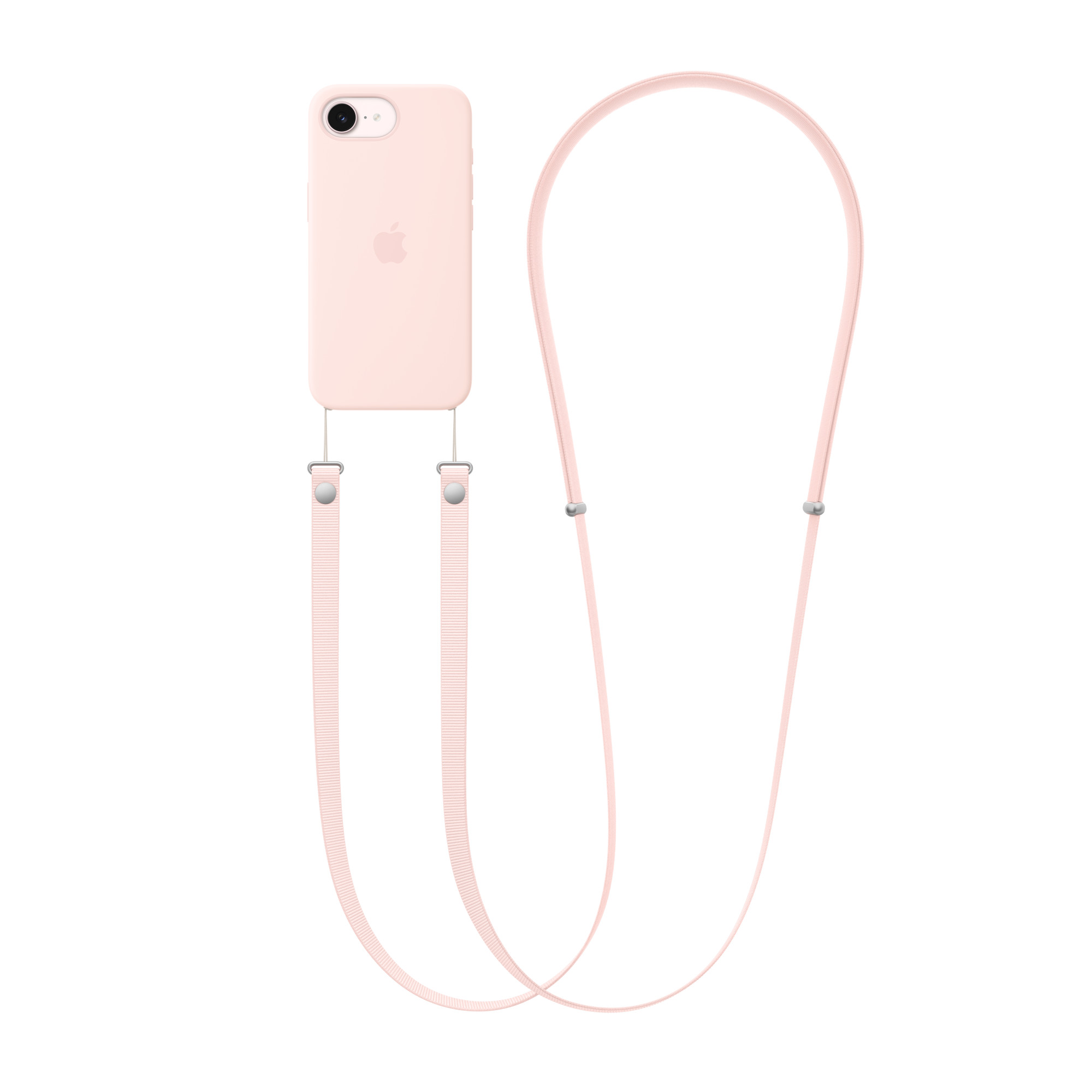 Világos rózsaszín iPhone tok Apple logóval és vállpánttal.