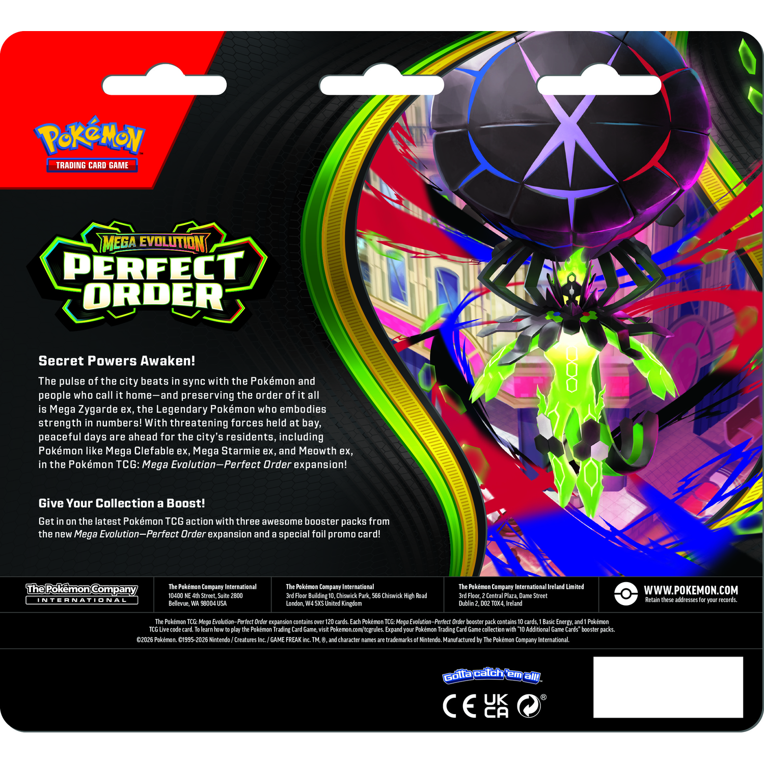 Pokemon TCG: Mega Evolution Perfect Order pack art with Mega Zygarde and black creature.