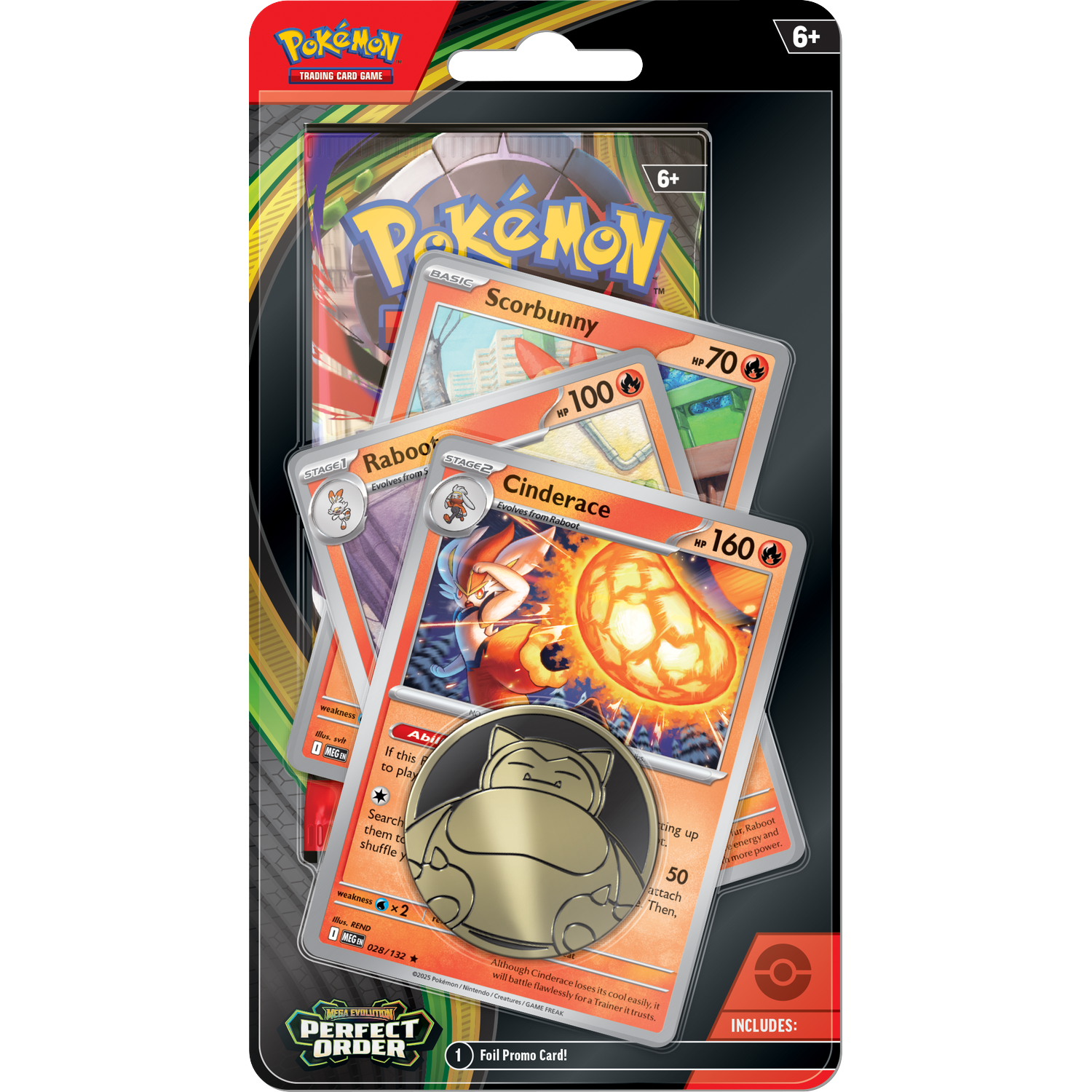 Pokemon TCG pack with Scorbunny, Raboot, and Cinderace cards and Snorlax coin.