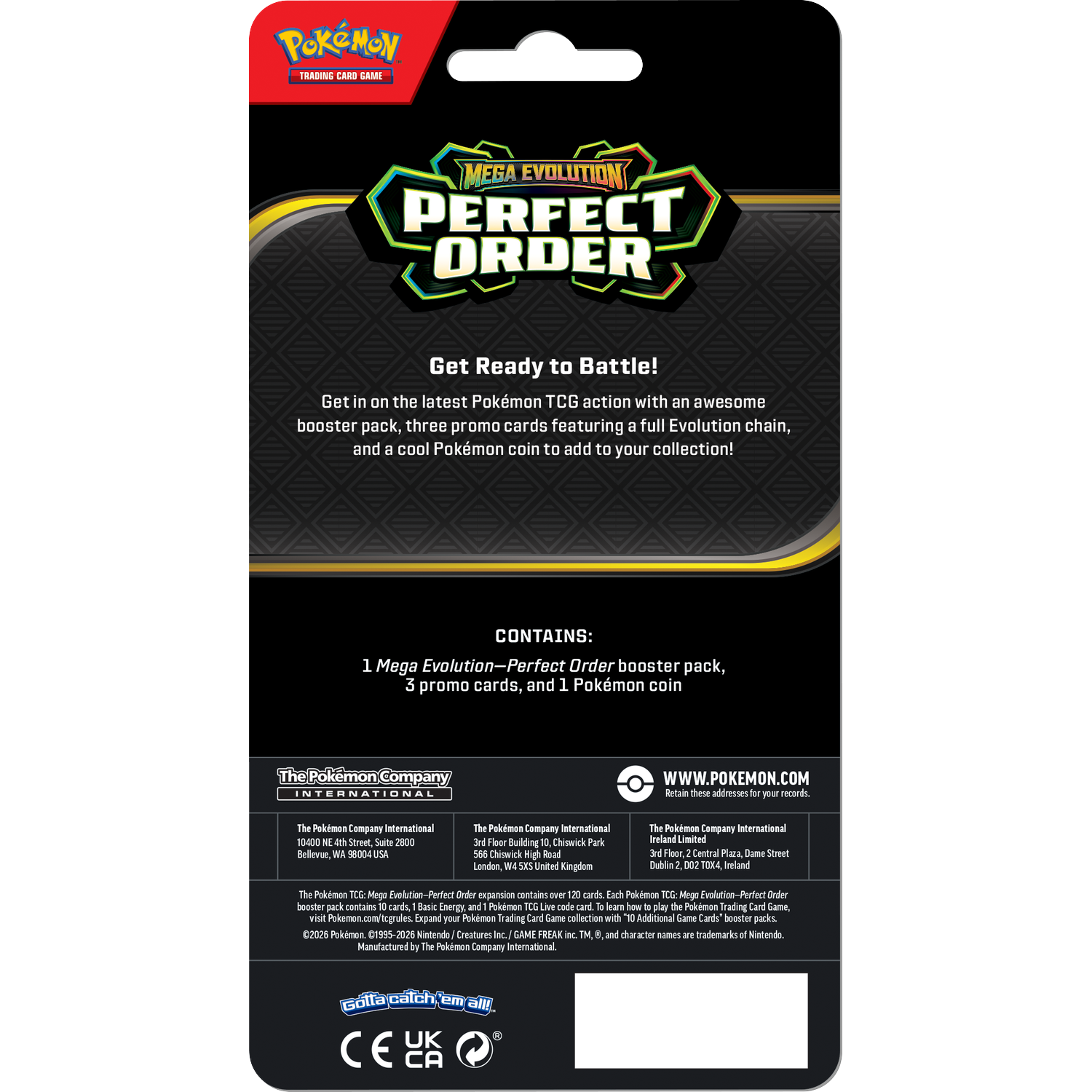 Pokémon TCG: Mega Evolution-Perfect Order. Features booster pack, promo cards, and coin.