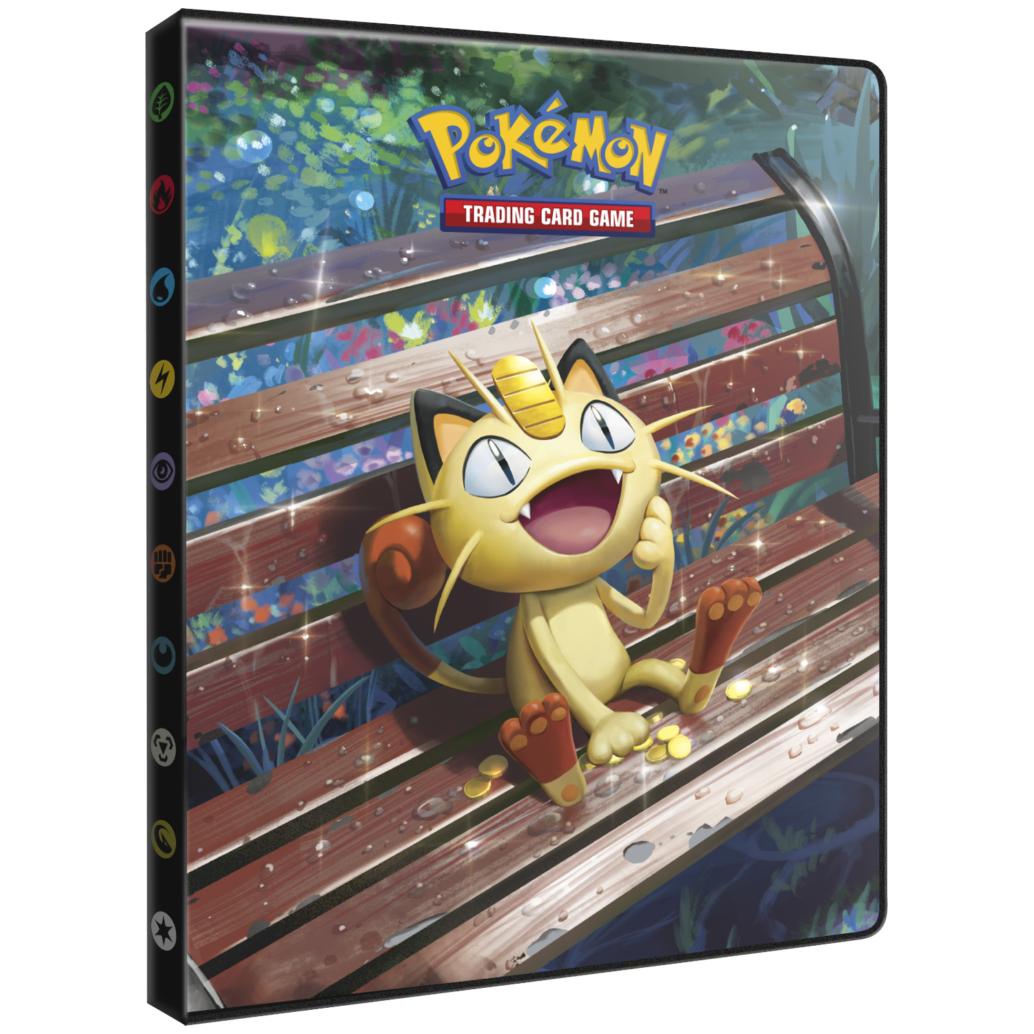 A Pokemon binder featuring Meowth sitting on a bench surrounded by coins and flowers.