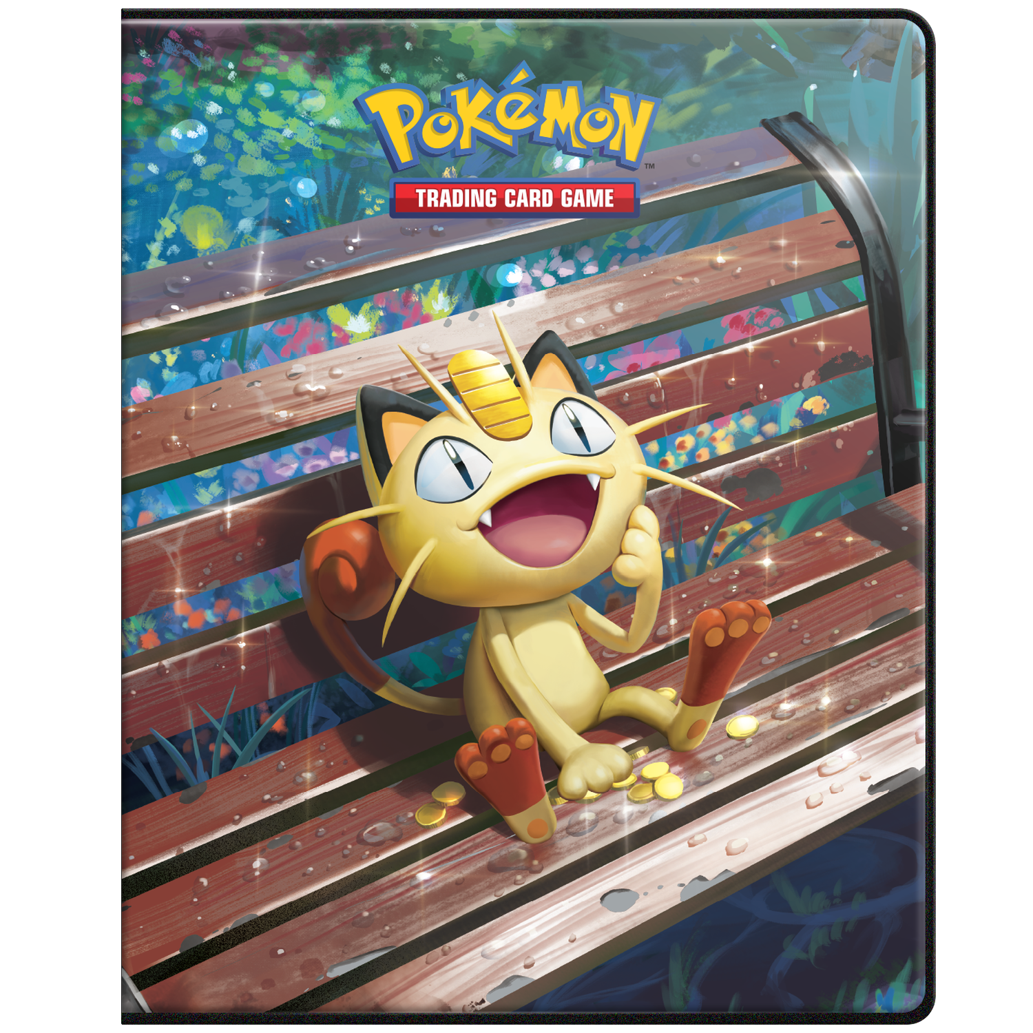 A Pokémon character sits on a wooden bench surrounded by flowers.
