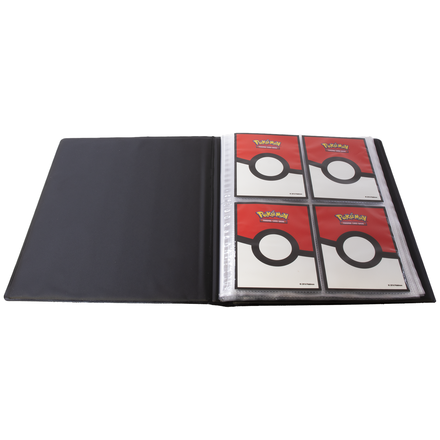 A black binder with Pokemon trading cards visible on the right side.