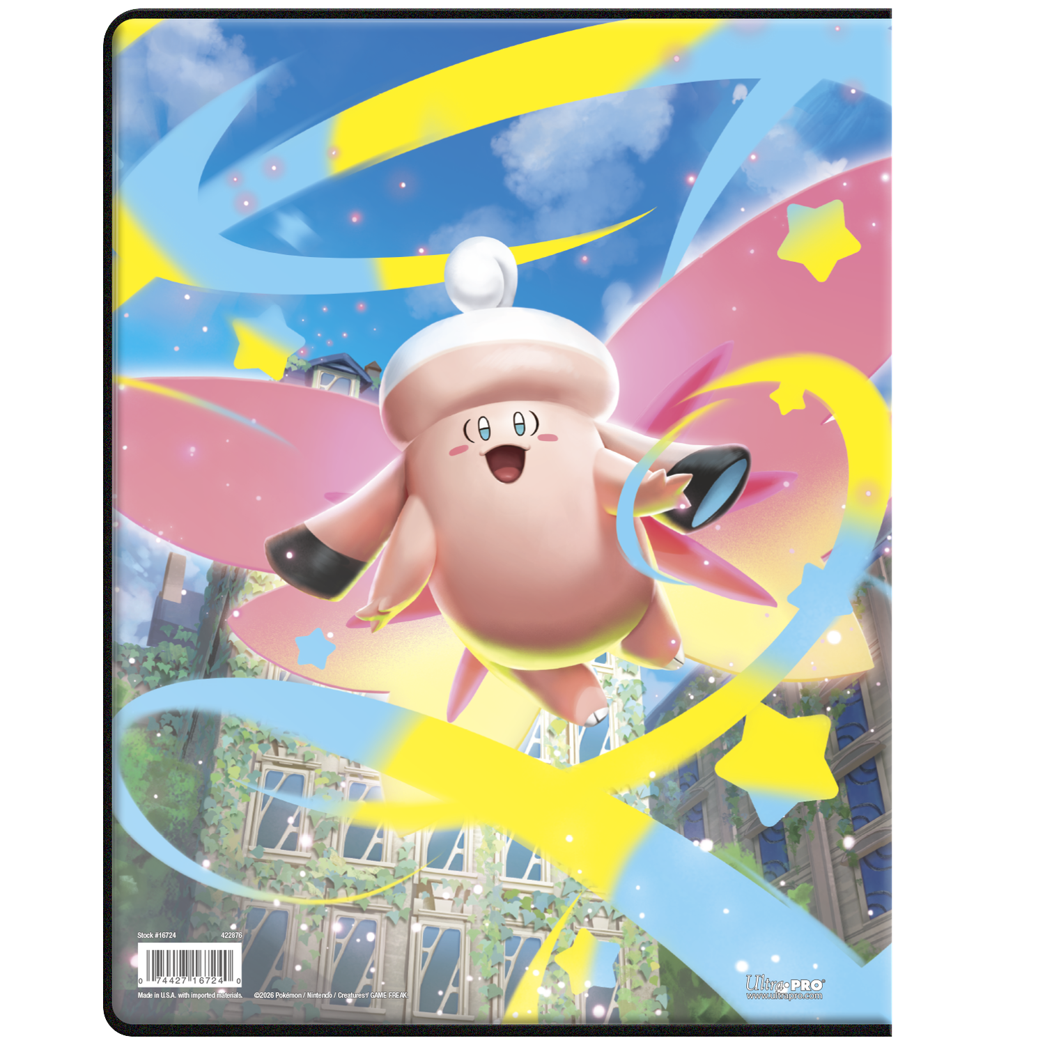 A pink Pokemon with wings flies in front of a building with blue windows.