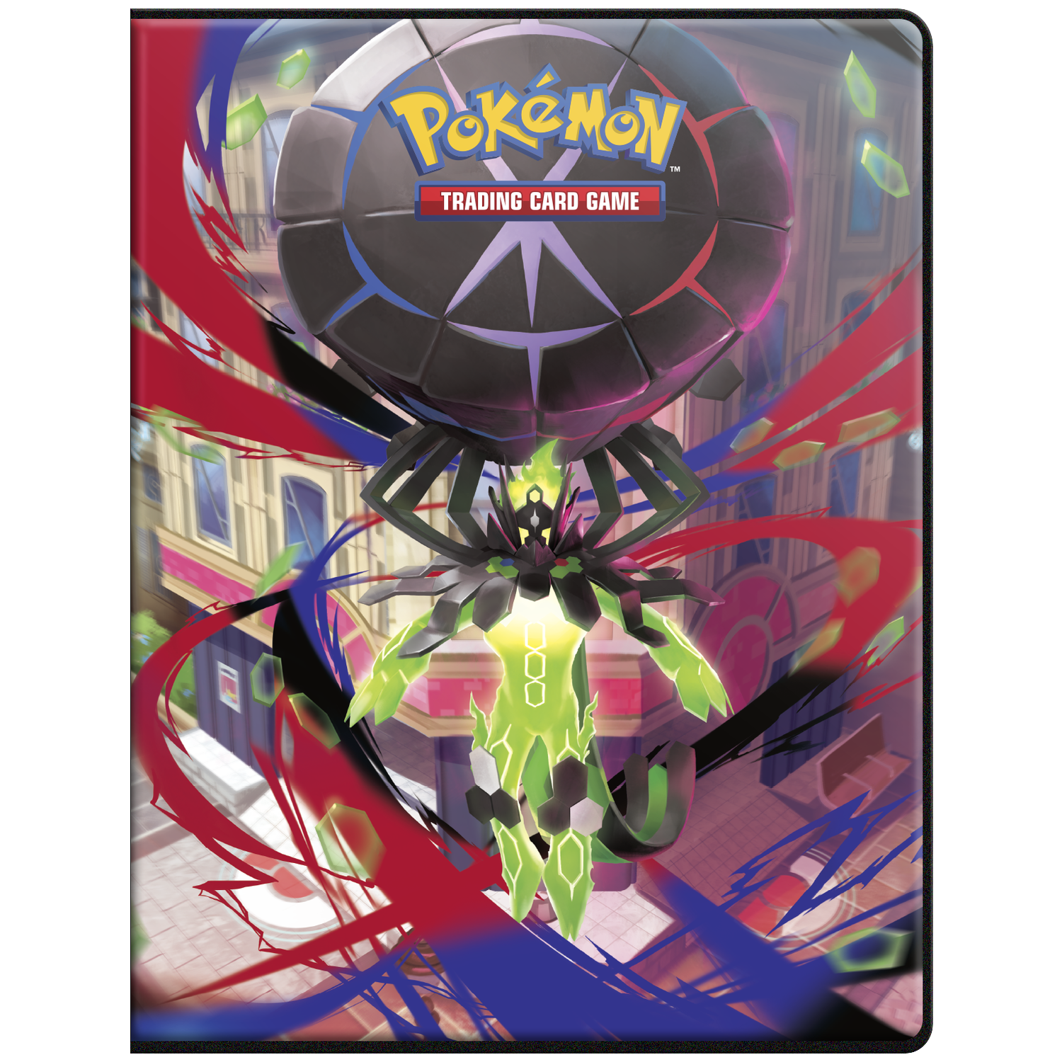 A green Pokémon with a black ball hovers above a city.