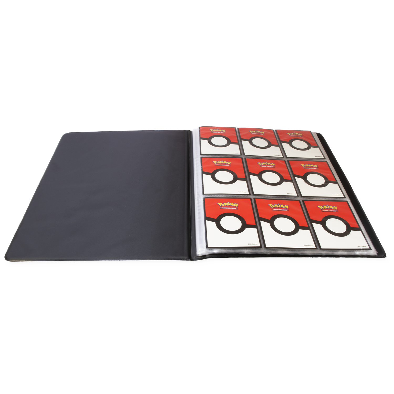 Black binder holding Pokemon cards, displayed on one side with white circles on red backgrounds.