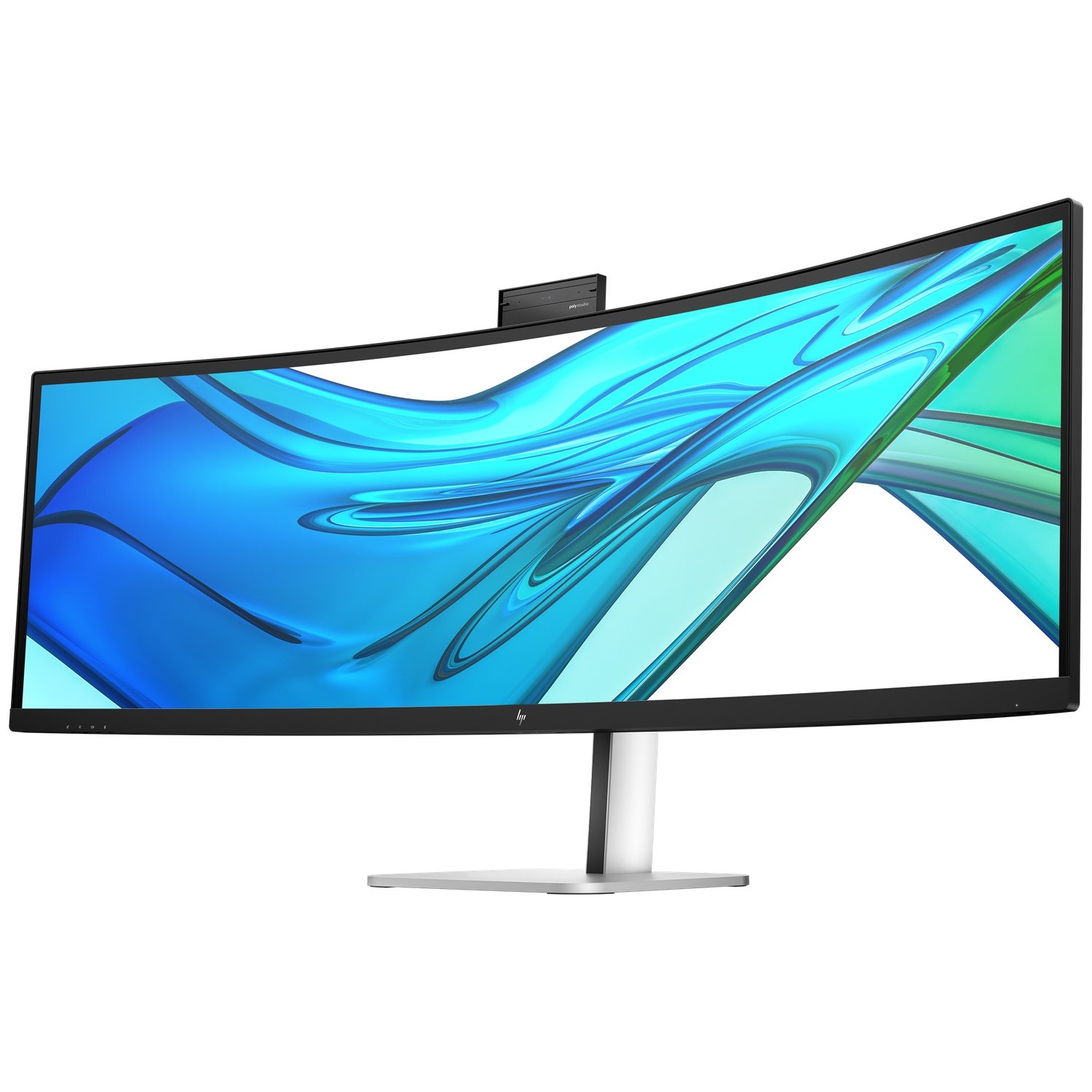 Een gebogen HP-monitor met een blauwgroen behang en een camera.