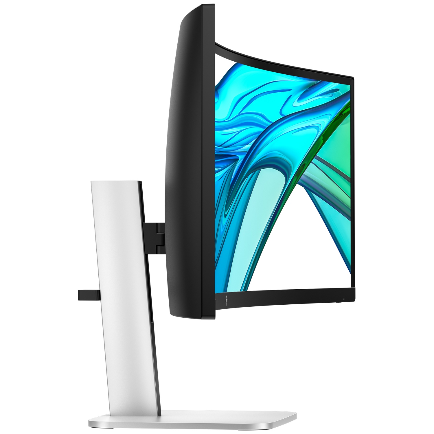 Een gebogen monitor met een zilveren standaard en een blauwgroen behang.
