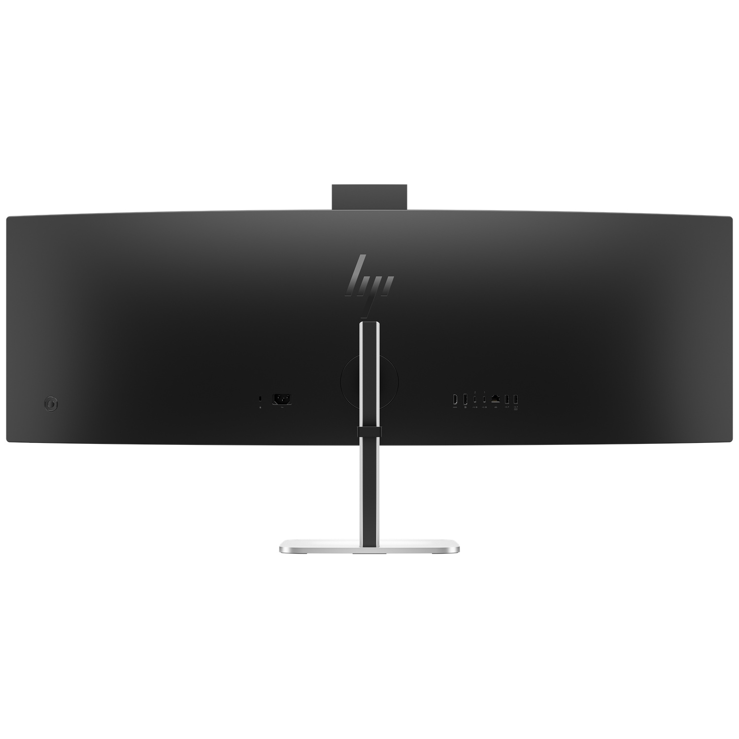 Achterkant van een zwarte HP monitor met zilveren standaard en poorten.
