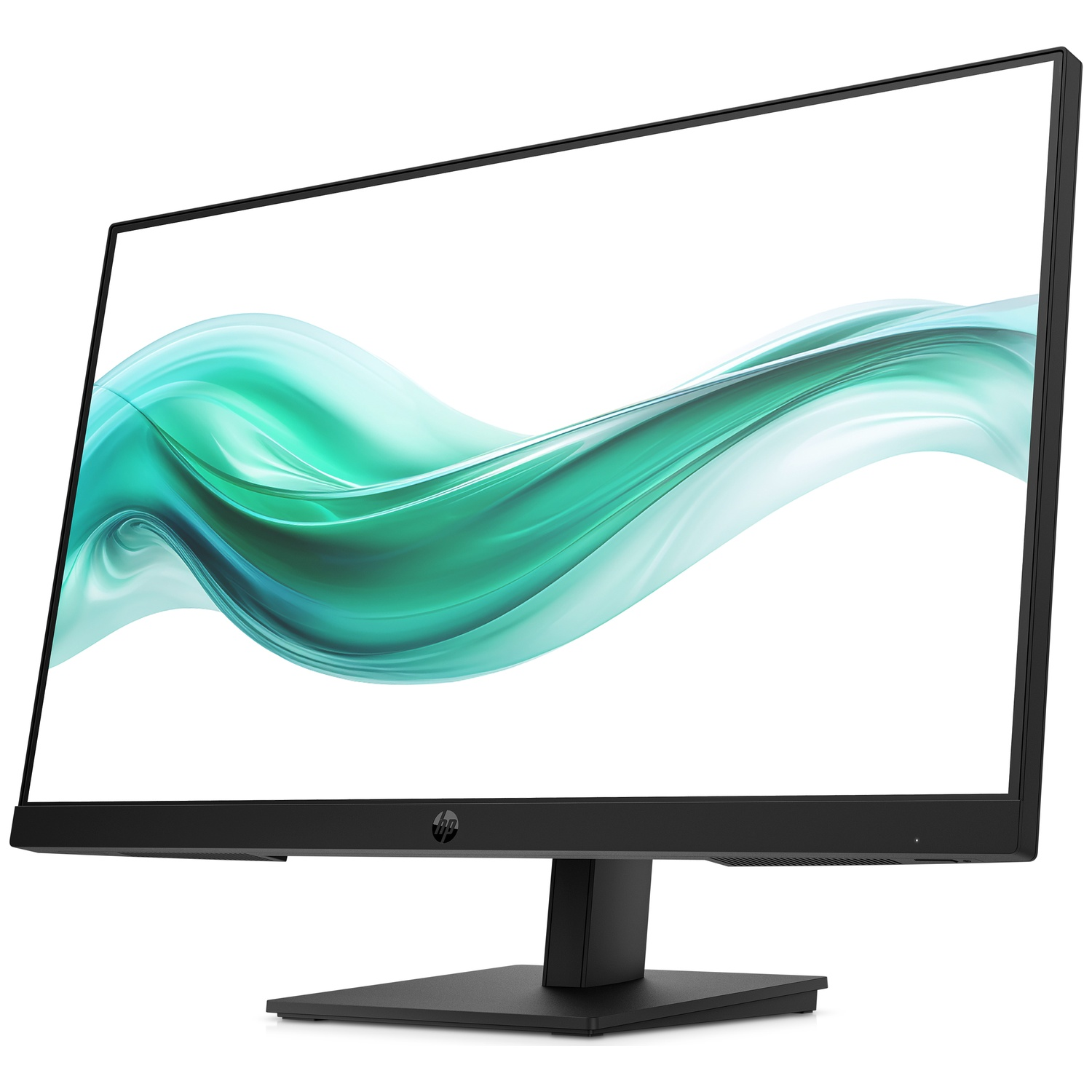 Un moniteur HP noir affichant un motif ondulé vert à l'écran.