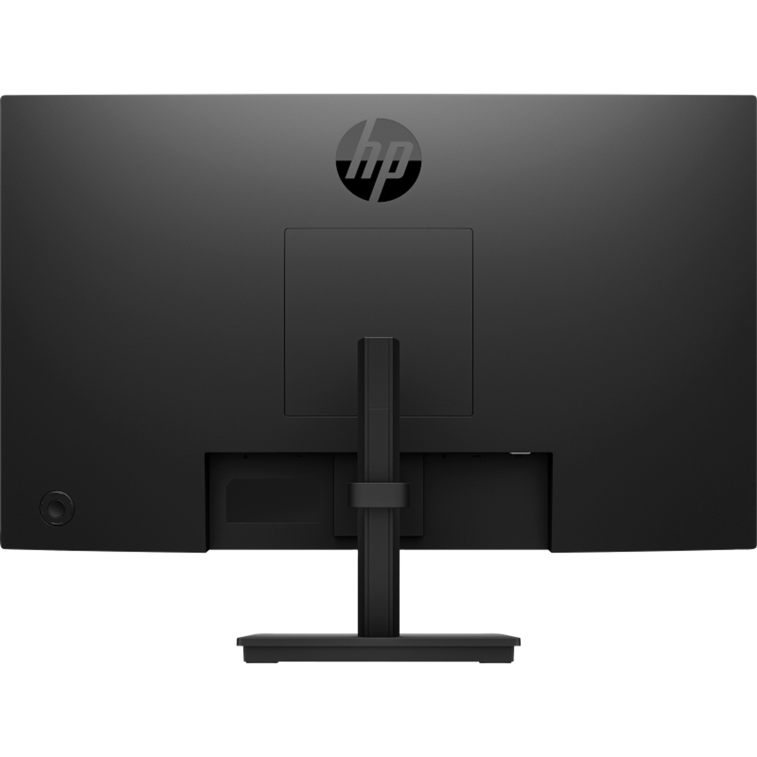 Arrière d'un moniteur HP noir avec pied et ports. Design épuré.