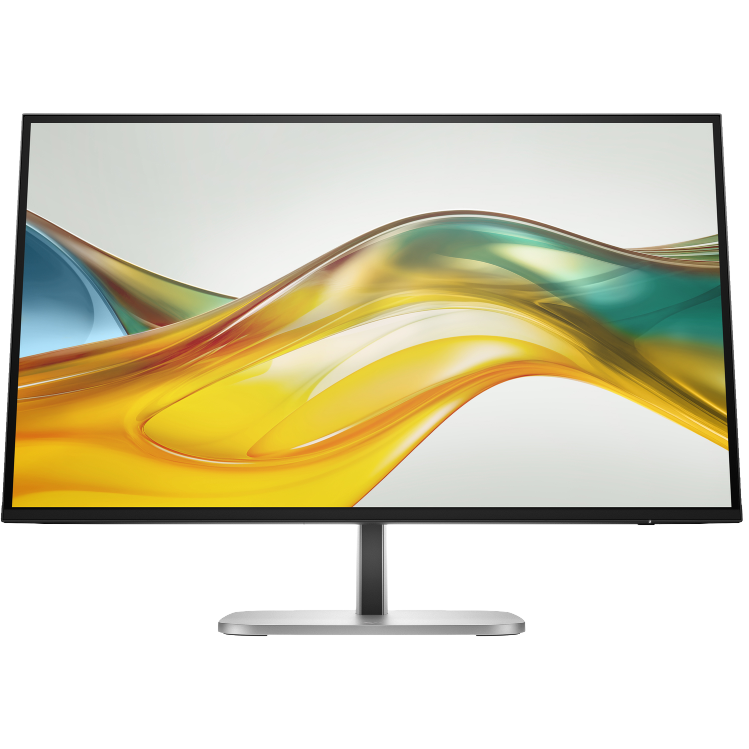 Een moderne monitor met een abstracte, vloeiende achtergrond in gele, blauwe en groene tinten.