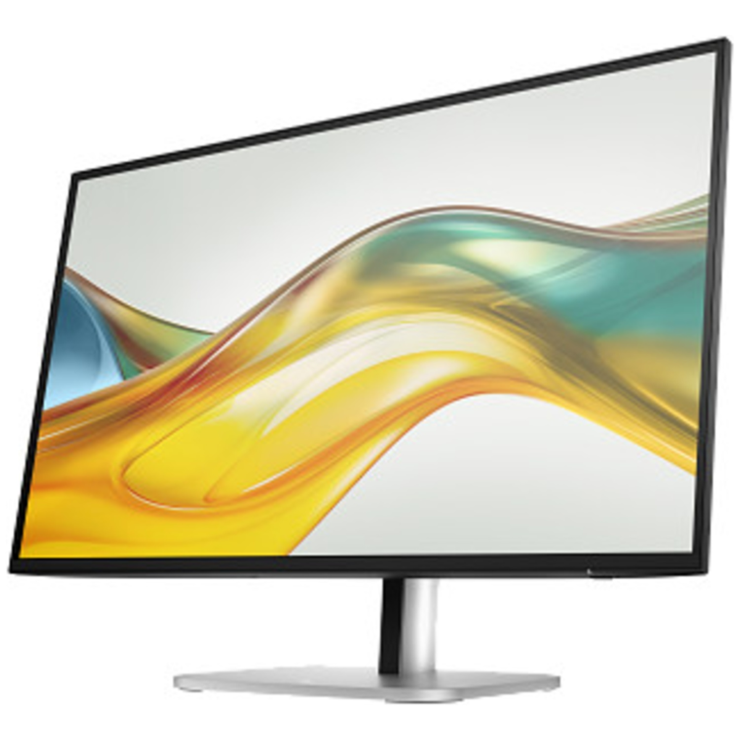 Een moderne monitor op een zilveren standaard toont een kleurrijk, abstract golfpatroon.