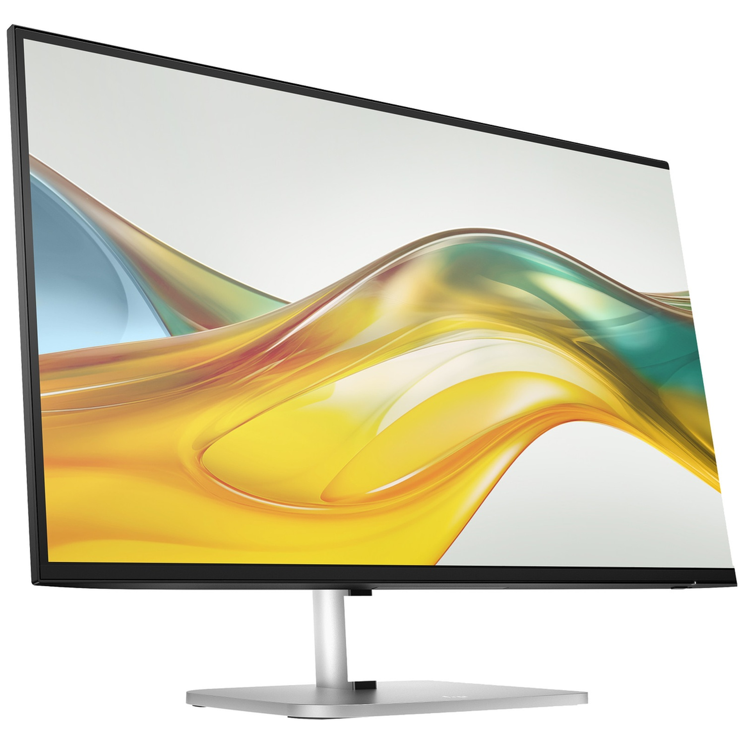 Een moderne monitor met een abstracte, vloeiende achtergrond in gele en blauwe tinten.