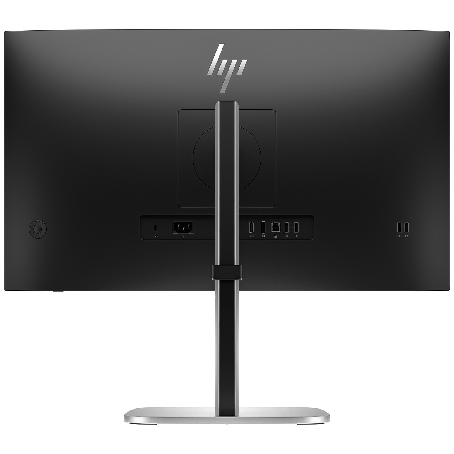 Achterkant van een zwarte monitor met zilveren standaard en poorten.