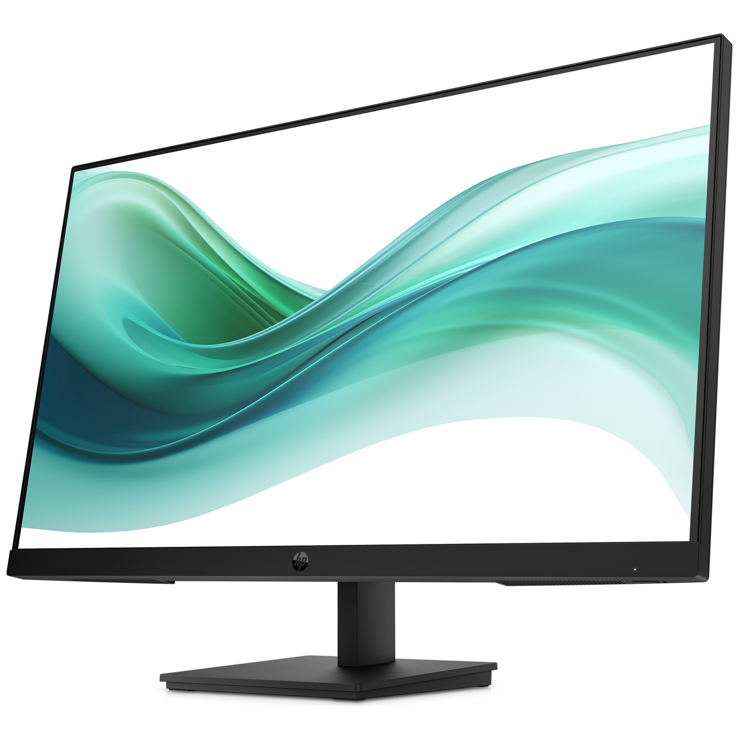A black monitor displaying an abstract green wave pattern on its screen.