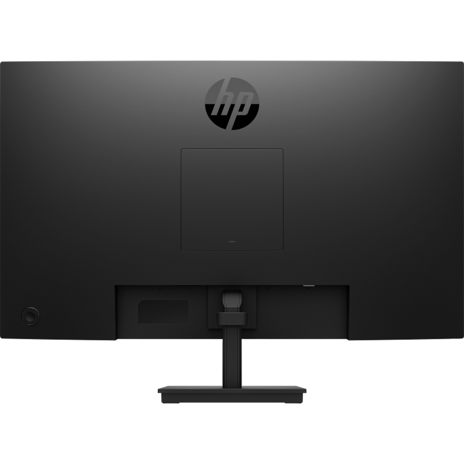 Back of a black HP monitor with stand and ports visible.
