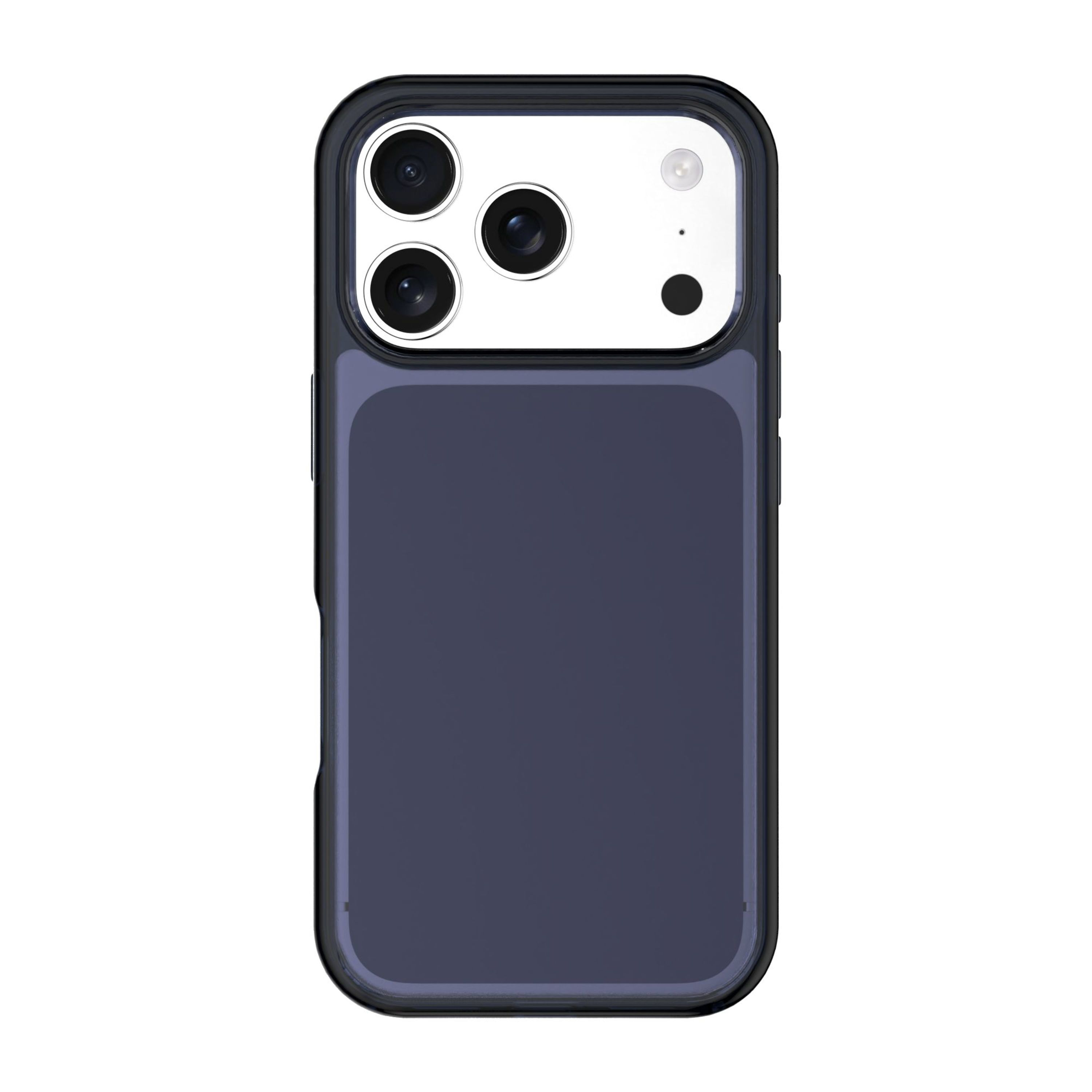 Üç kamera lensli ve flaşlı koyu gri telefon kılıfı.