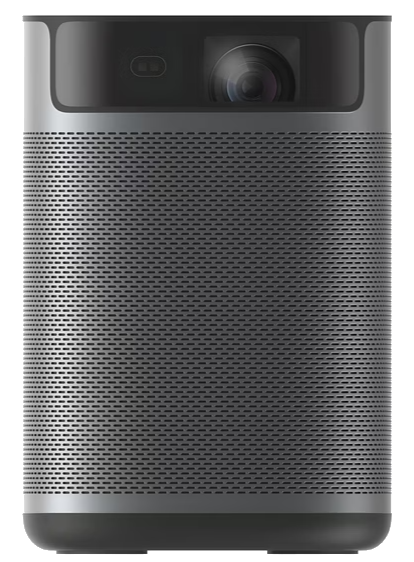 Ciemny projektor z obiektywem na górze i perforowaną obudową.