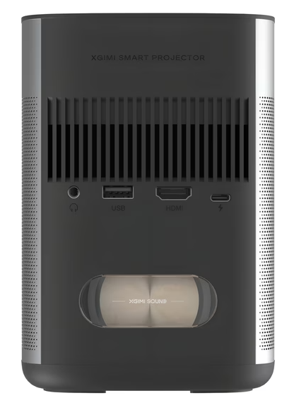 Tył czarnego projektora XGIMI Smart z portami: jack, USB, HDMI, USB-C.