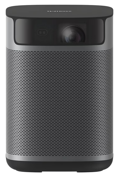 Cylindryczny projektor z srebrnymi i czarnymi elementami oraz obiektywem.