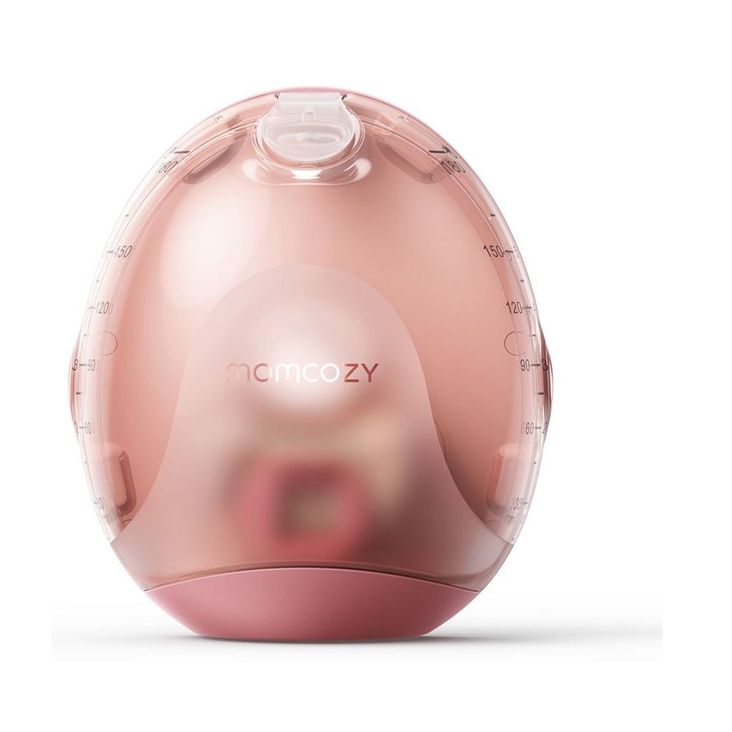 Un tiralatte rosa con segni di misurazione e logo su sfondo bianco.