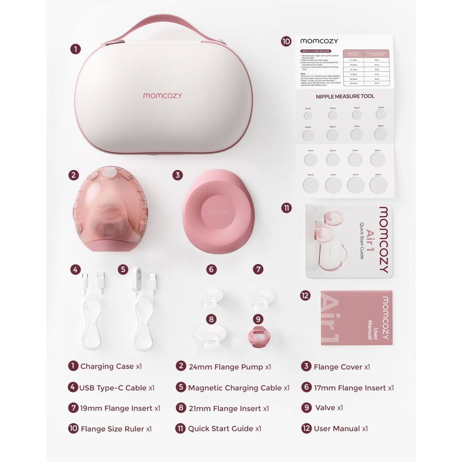 Set tiralatte Momcozy con custodia di ricarica, pompe, flange, cavi, valvole e manuali.