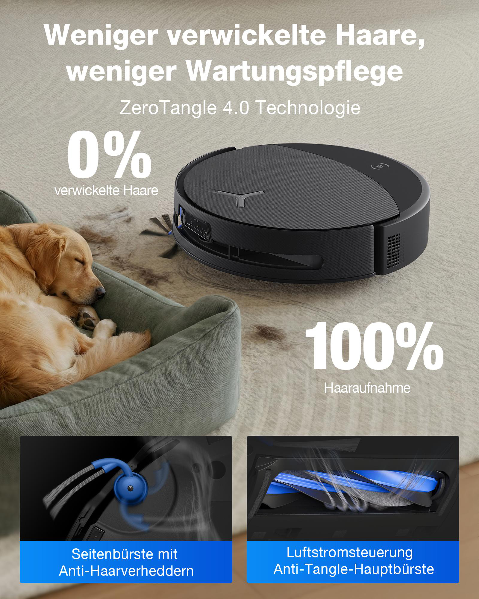 Ein Saugroboter reinigt neben einem Hund auf seinem Bett. 0% Haarverwicklung.