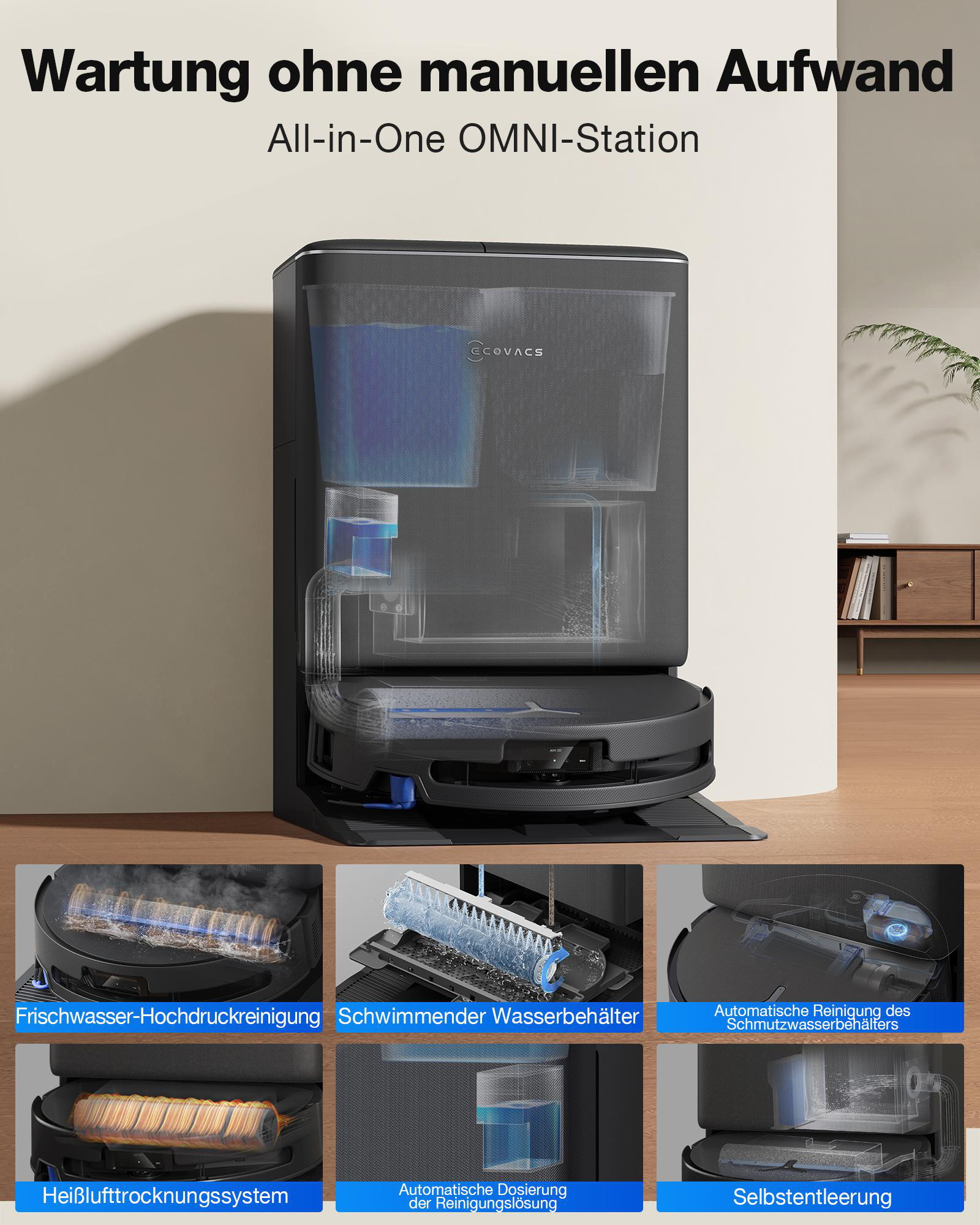 Eine OMNI-Station mit Saugroboter und Details zu Funktionen.