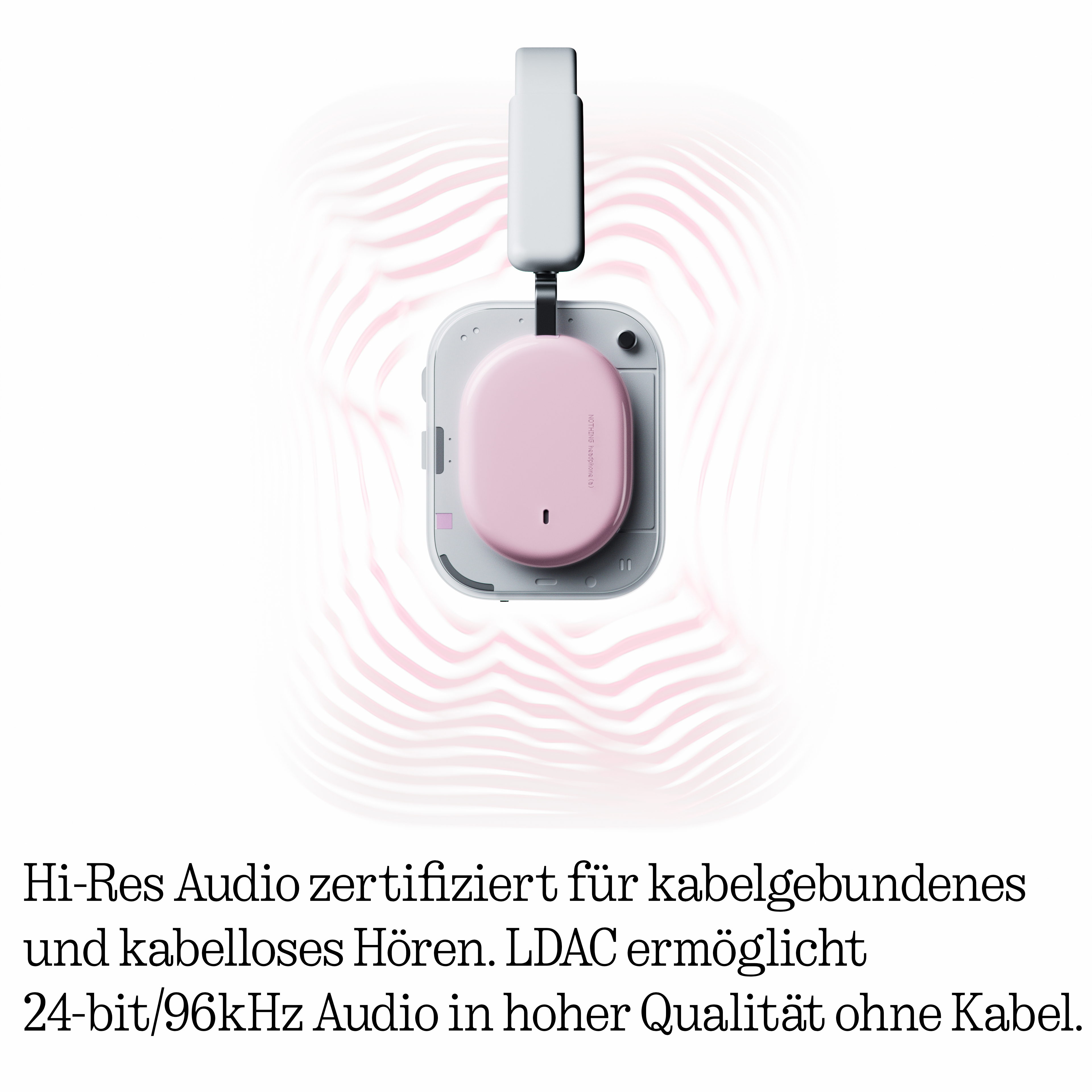 Ein rosa Kopfhörer mit weißem Bügel auf weißem Grund mit rosa Wellen.