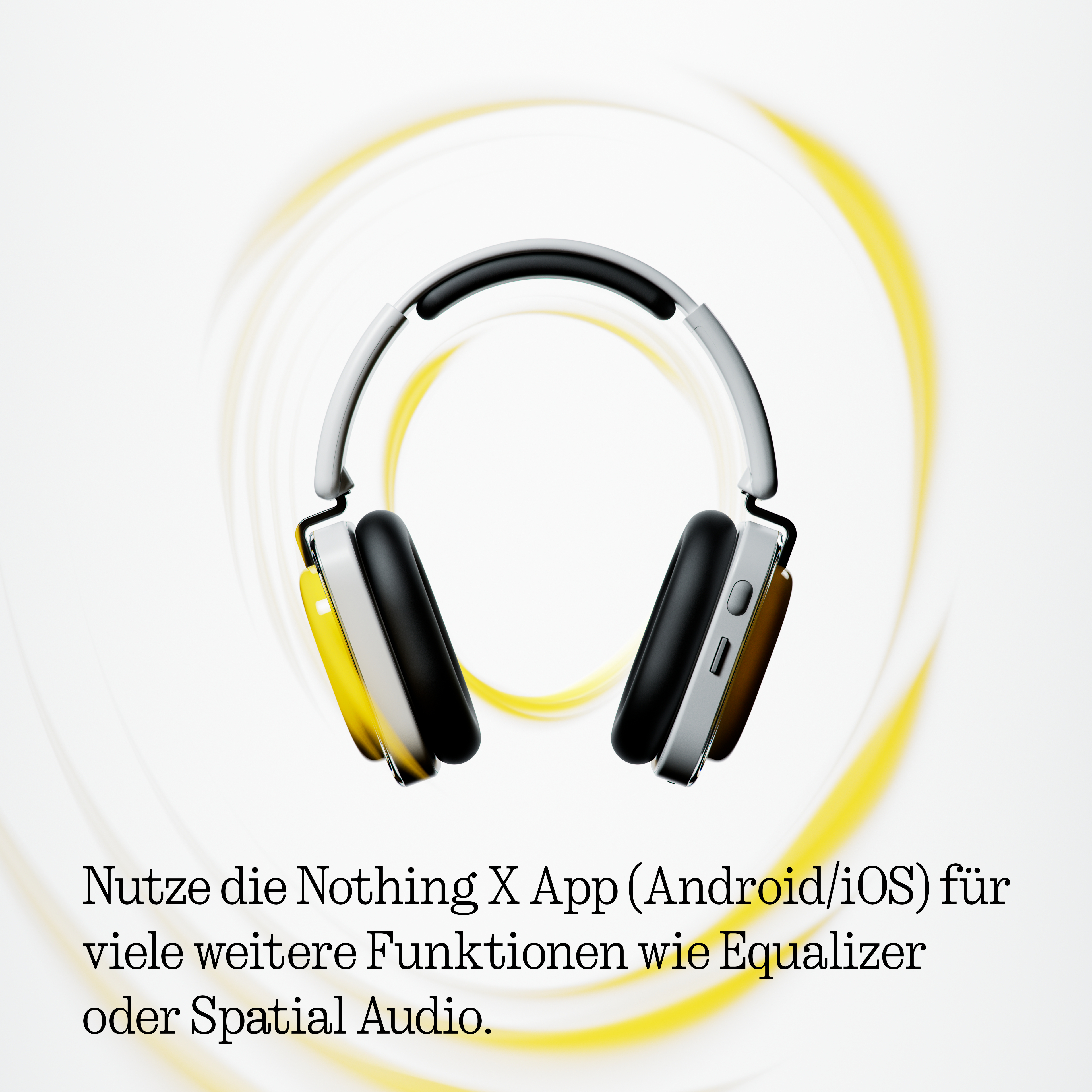 Kopfhörer mit gelben Akzenten auf weißem Hintergrund mit gelben Ringen.